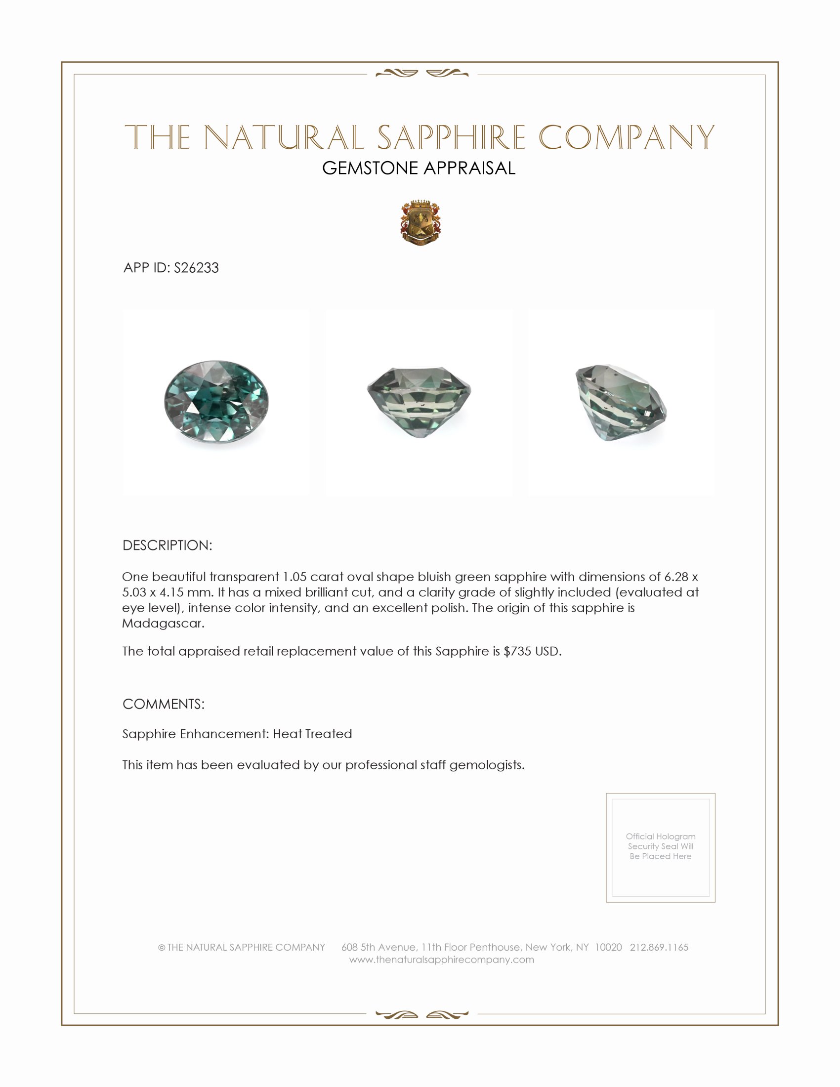 1.05 Ct. Bluish Green Sapphire from Madagascar