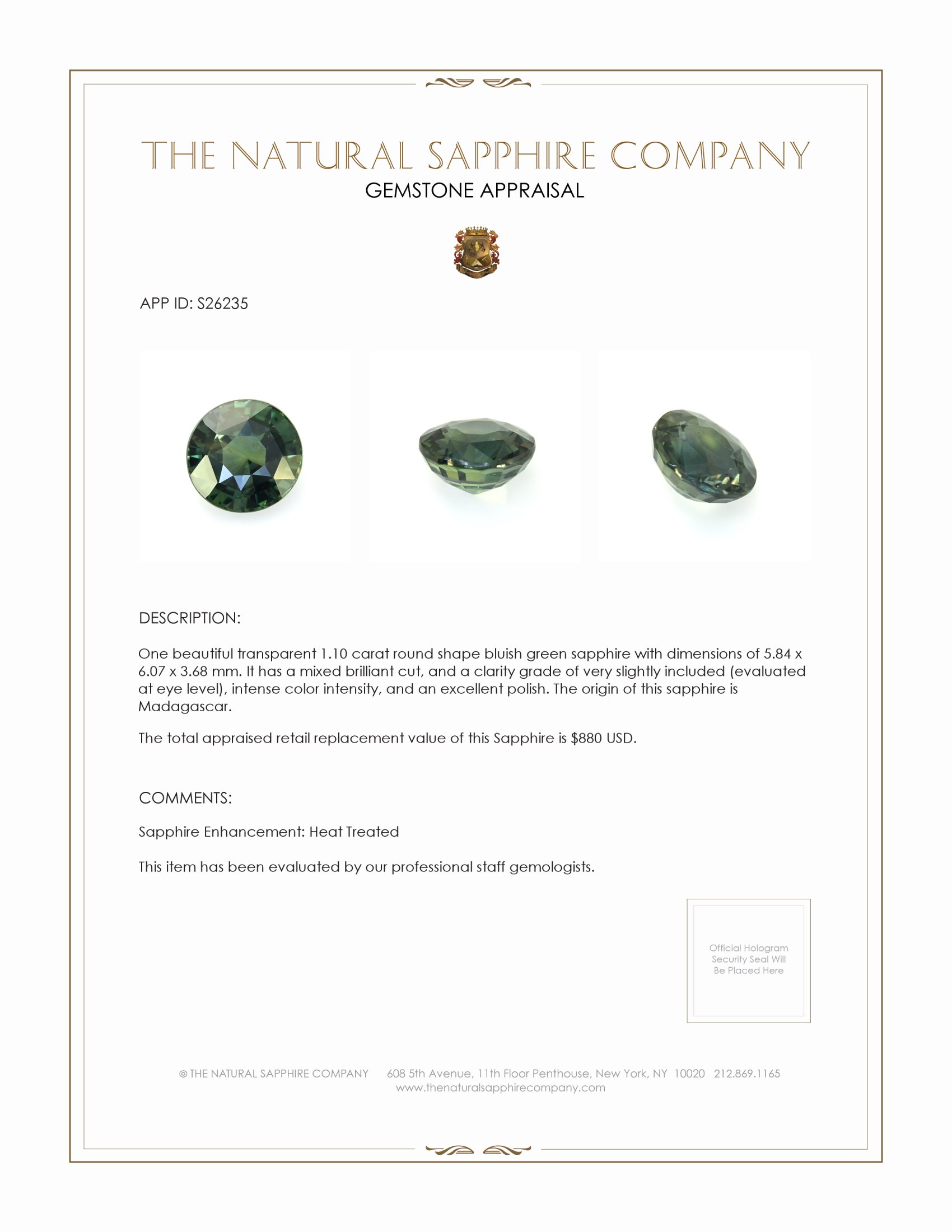 1.10 Ct. Bluish Green Sapphire from Madagascar
