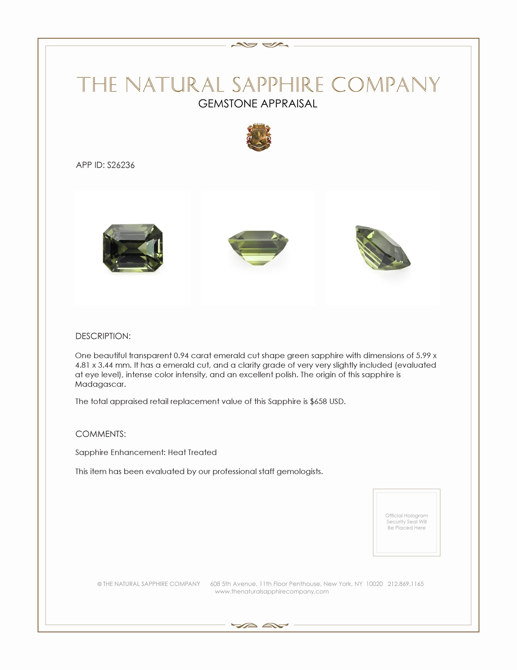 0.94 Ct. Green Sapphire from Madagascar