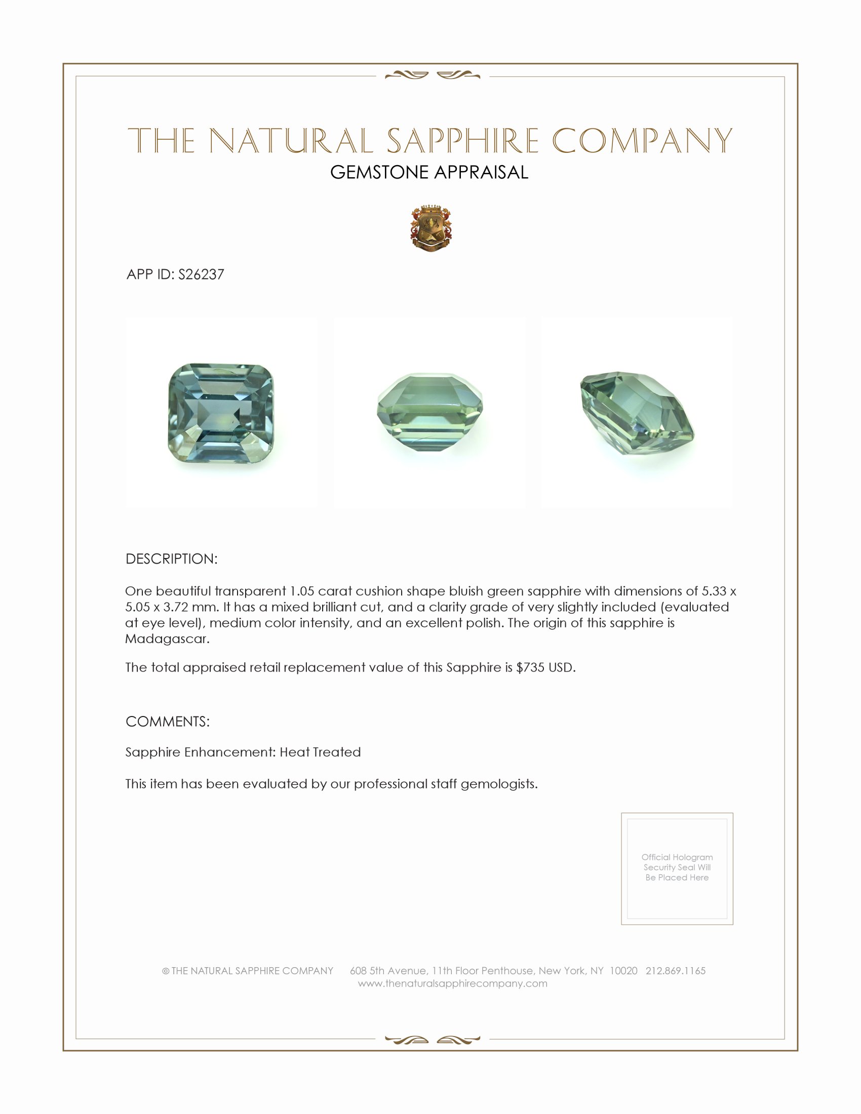 1.05 Ct. Bluish Green Sapphire from Madagascar