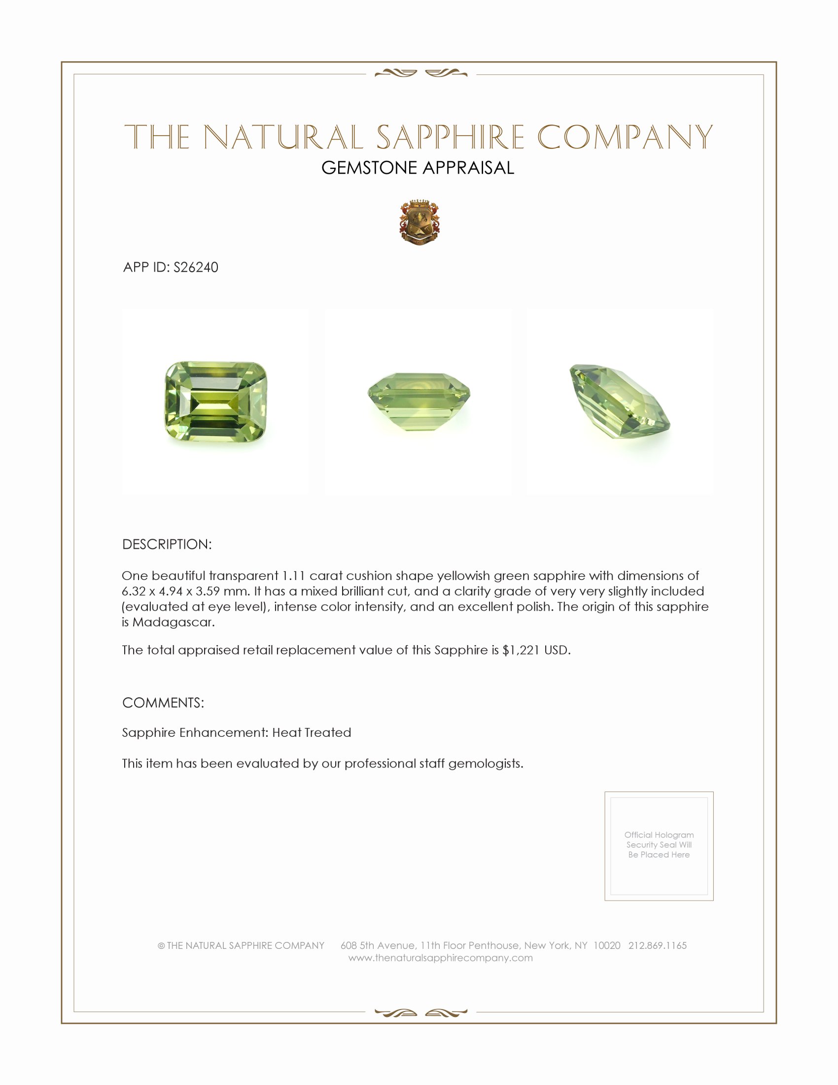 1.11 Ct. Yellowish Green Sapphire from Madagascar