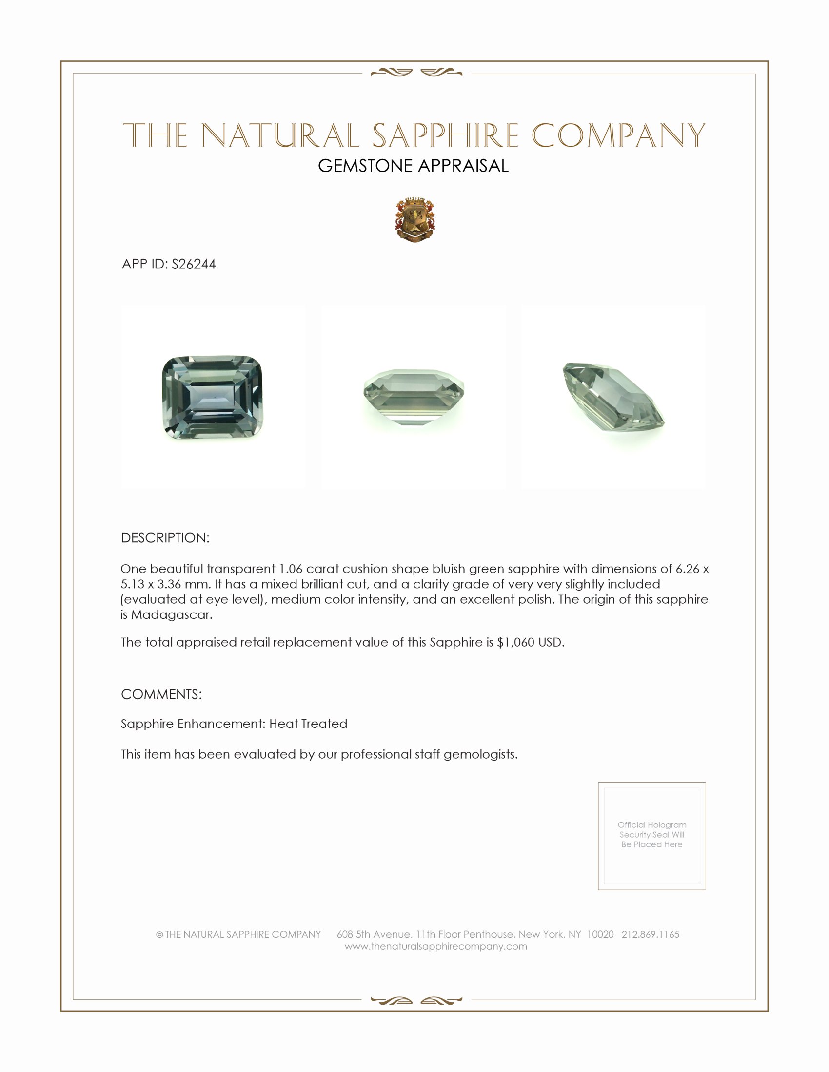 1.06 Ct. Bluish Green Sapphire from Madagascar