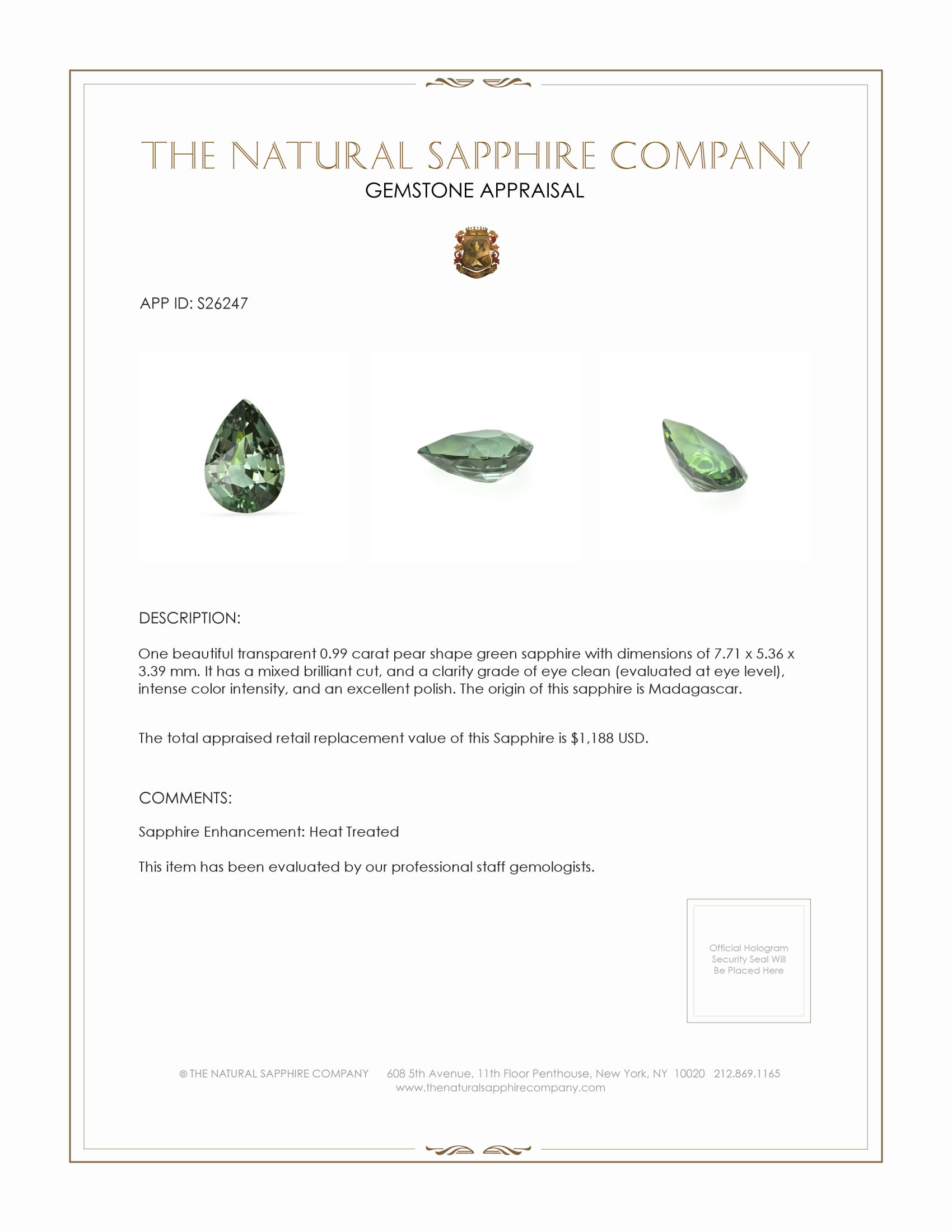 0.99 Ct. Green Sapphire from Madagascar
