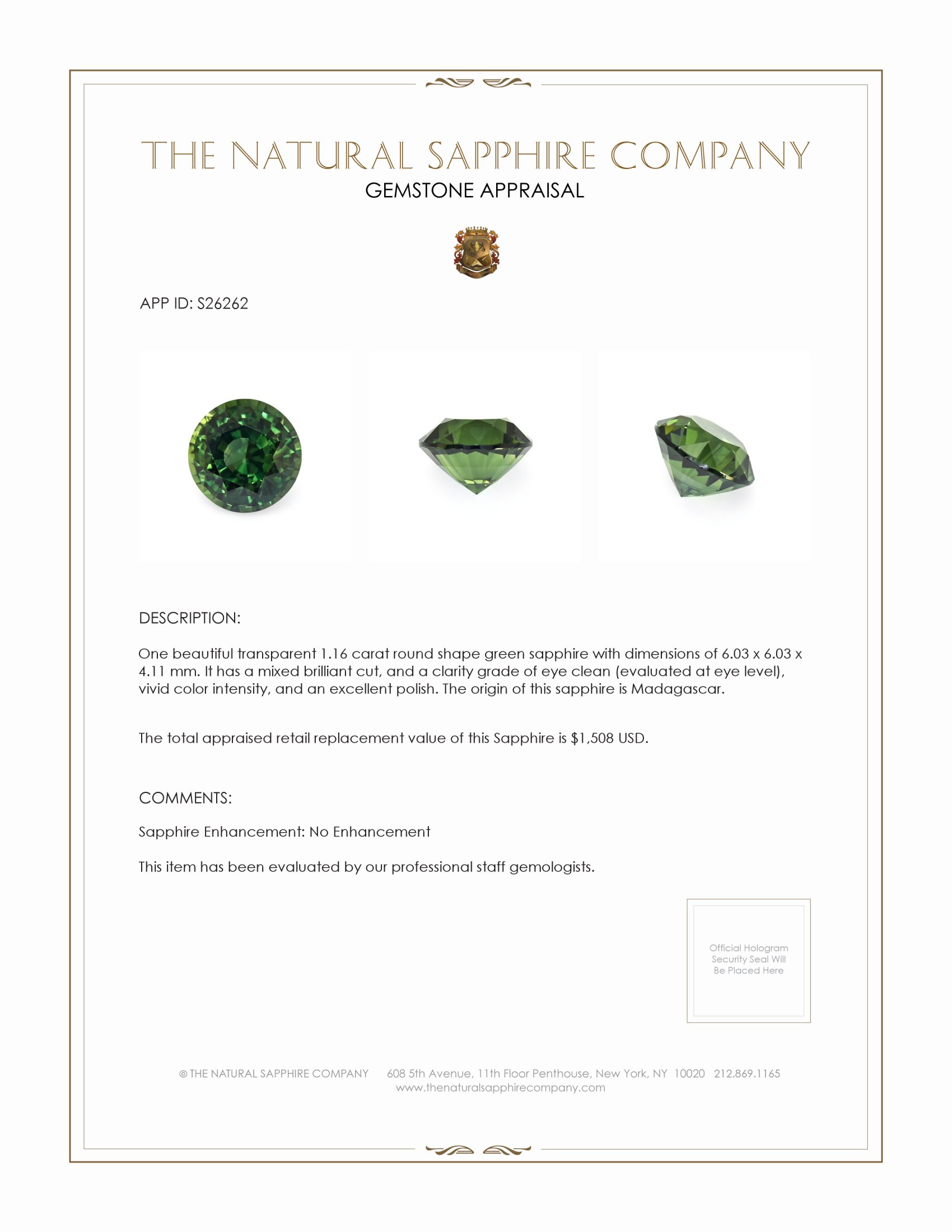 1.16 Ct. Green Sapphire from Madagascar