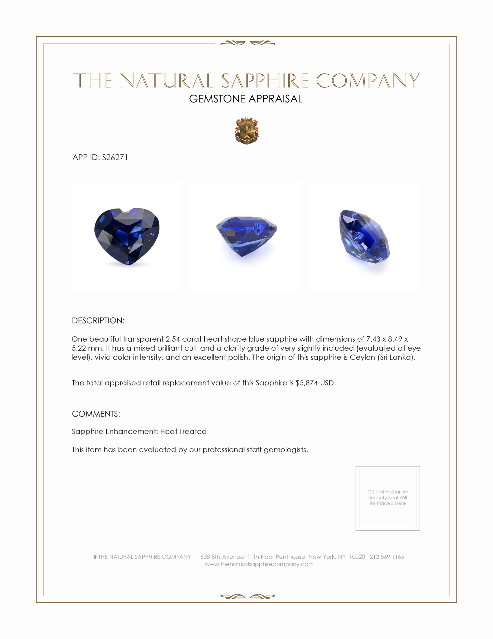 2.54 Ct. Blue Sapphire from Ceylon (Sri Lanka)