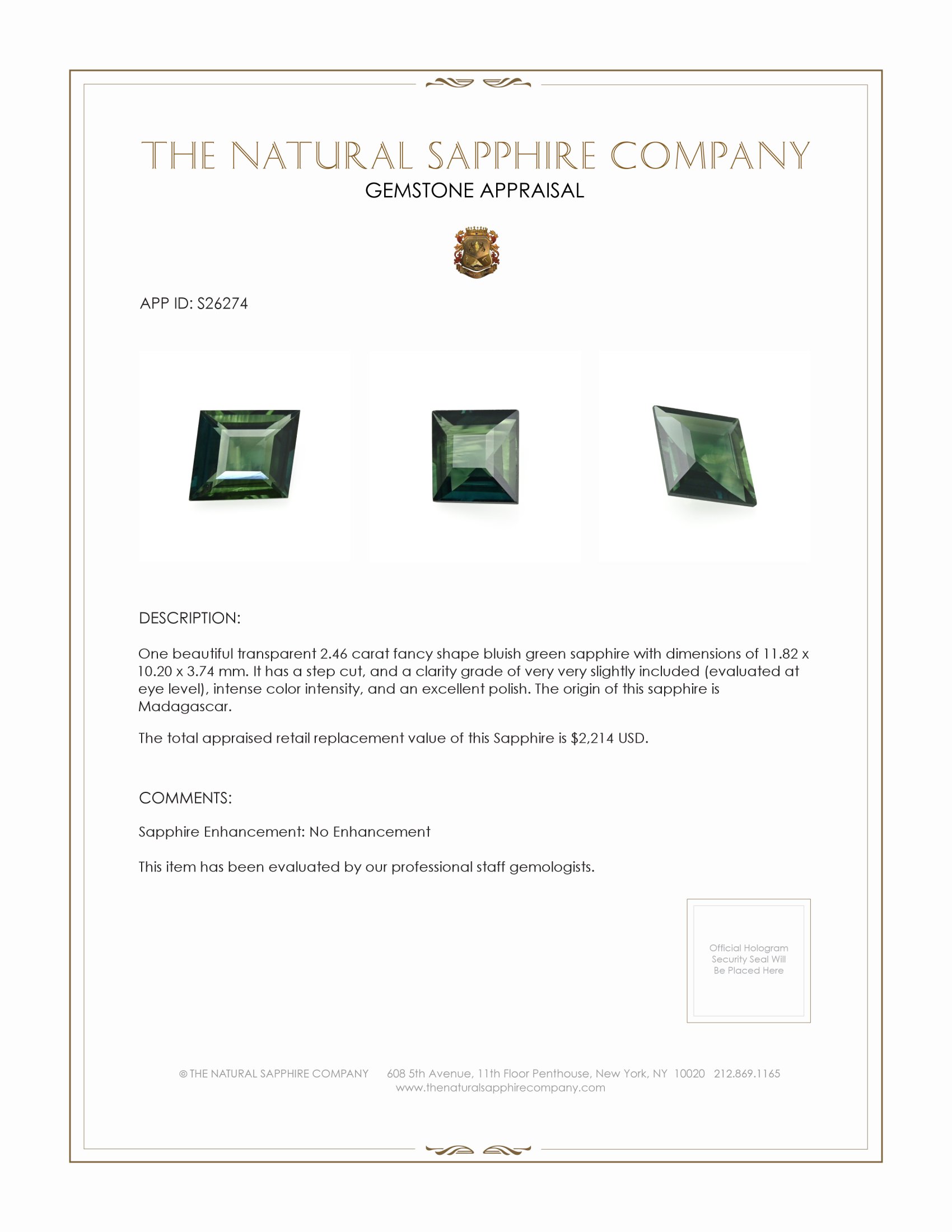 2.46 Ct. Bluish Green Sapphire from Madagascar