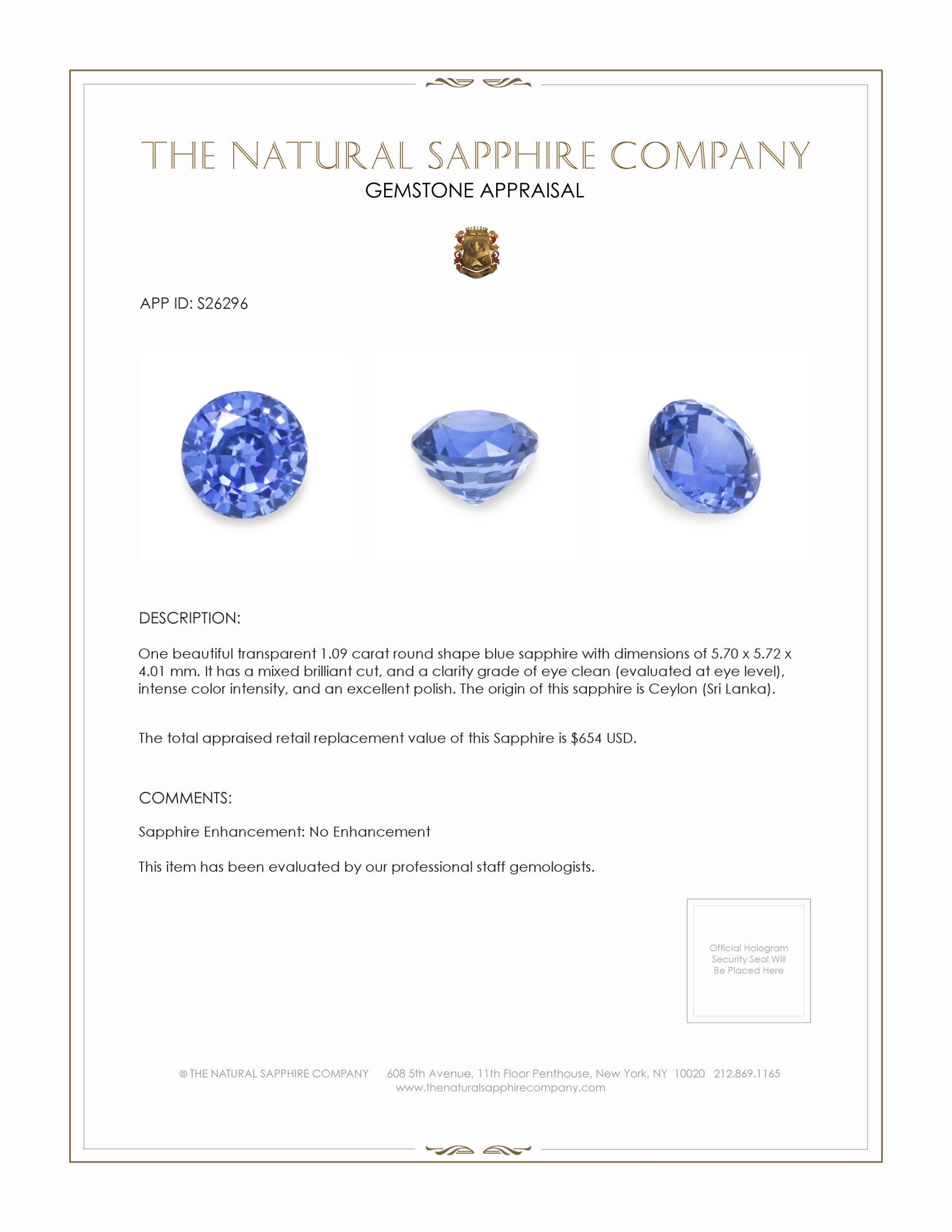 1.09 Ct. Blue Sapphire from Ceylon (Sri Lanka)