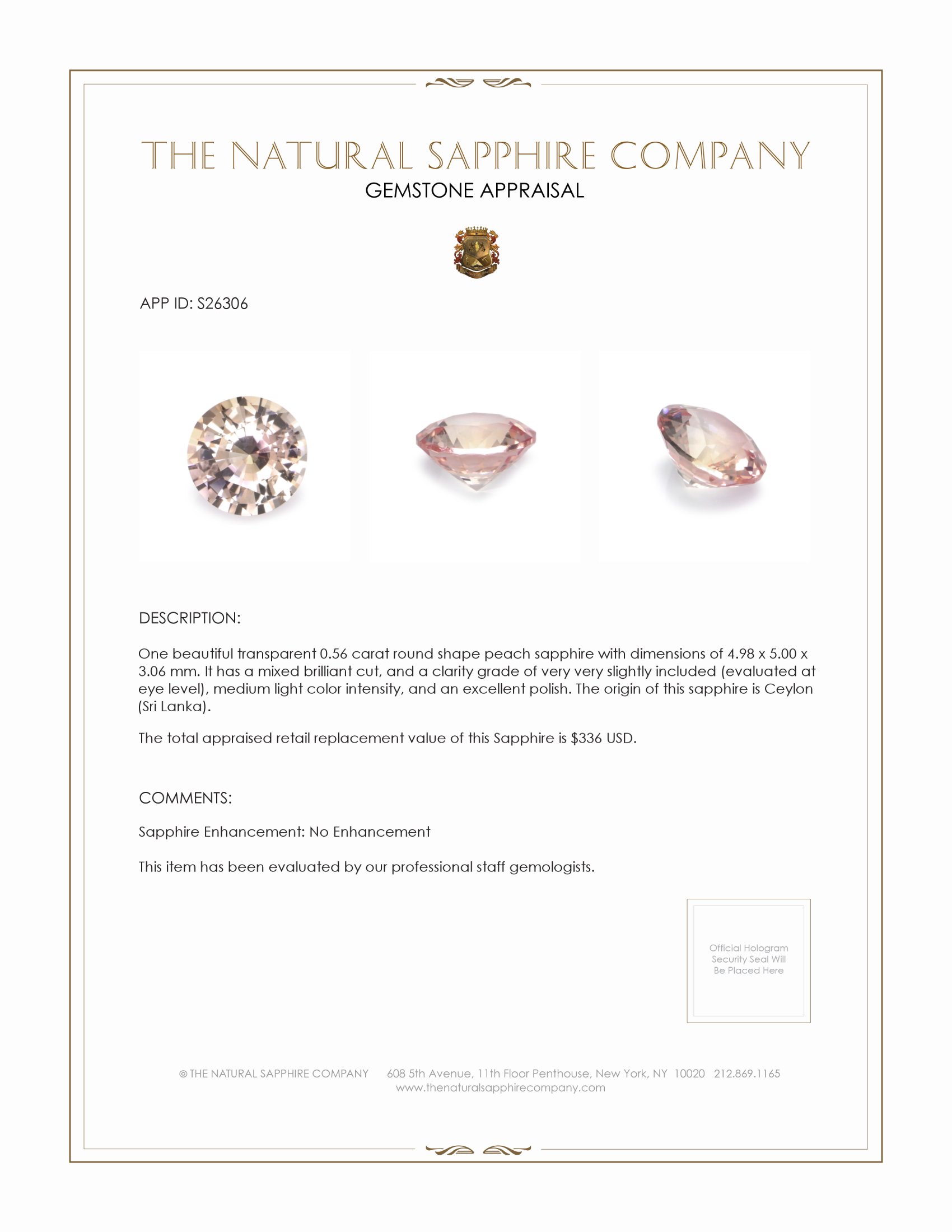 0.56 Ct. Peach Sapphire from Ceylon (Sri Lanka)