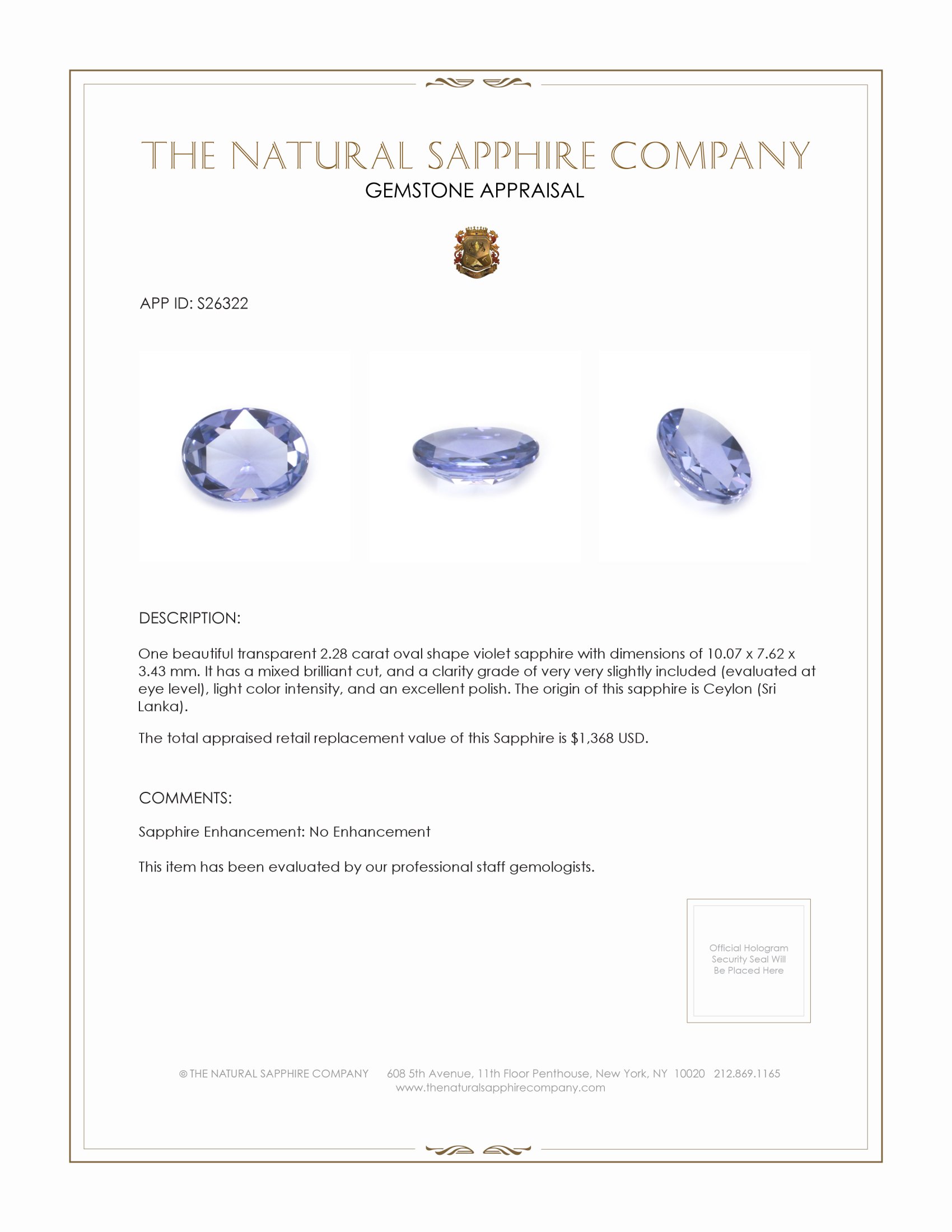 2.28 Ct. Violet Sapphire from Ceylon (Sri Lanka)