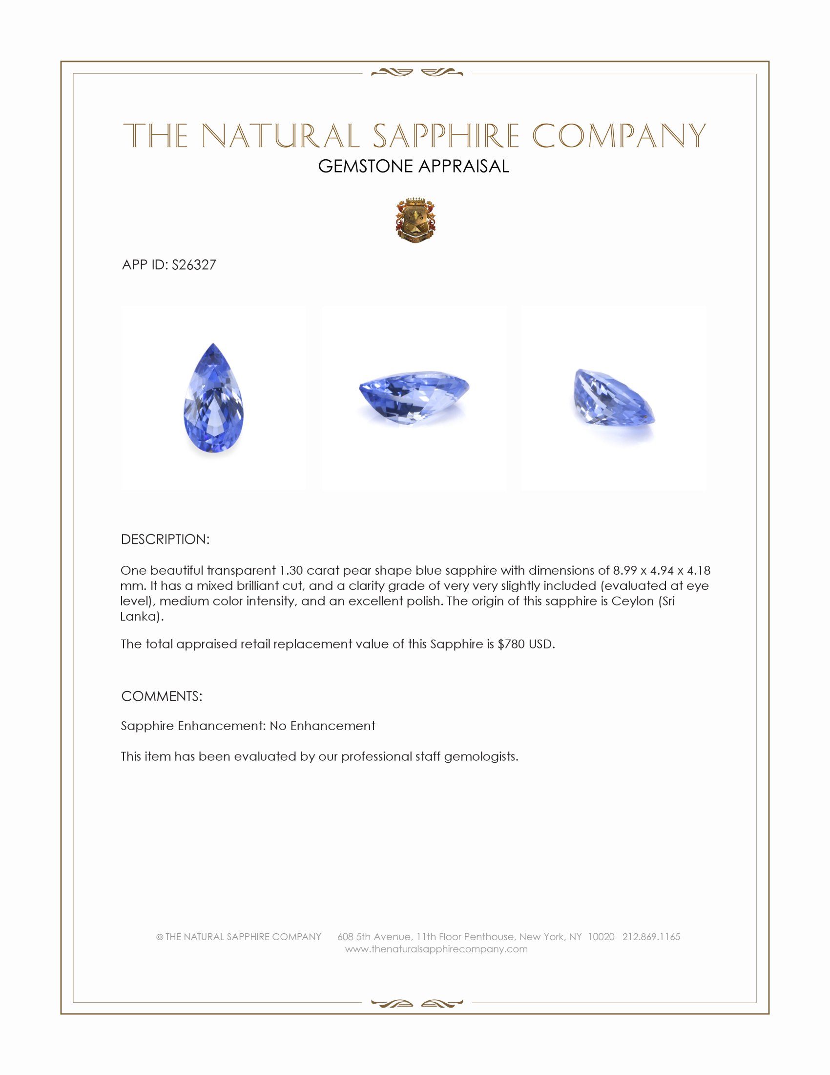 1.30 Ct. Blue Sapphire from Ceylon (Sri Lanka)