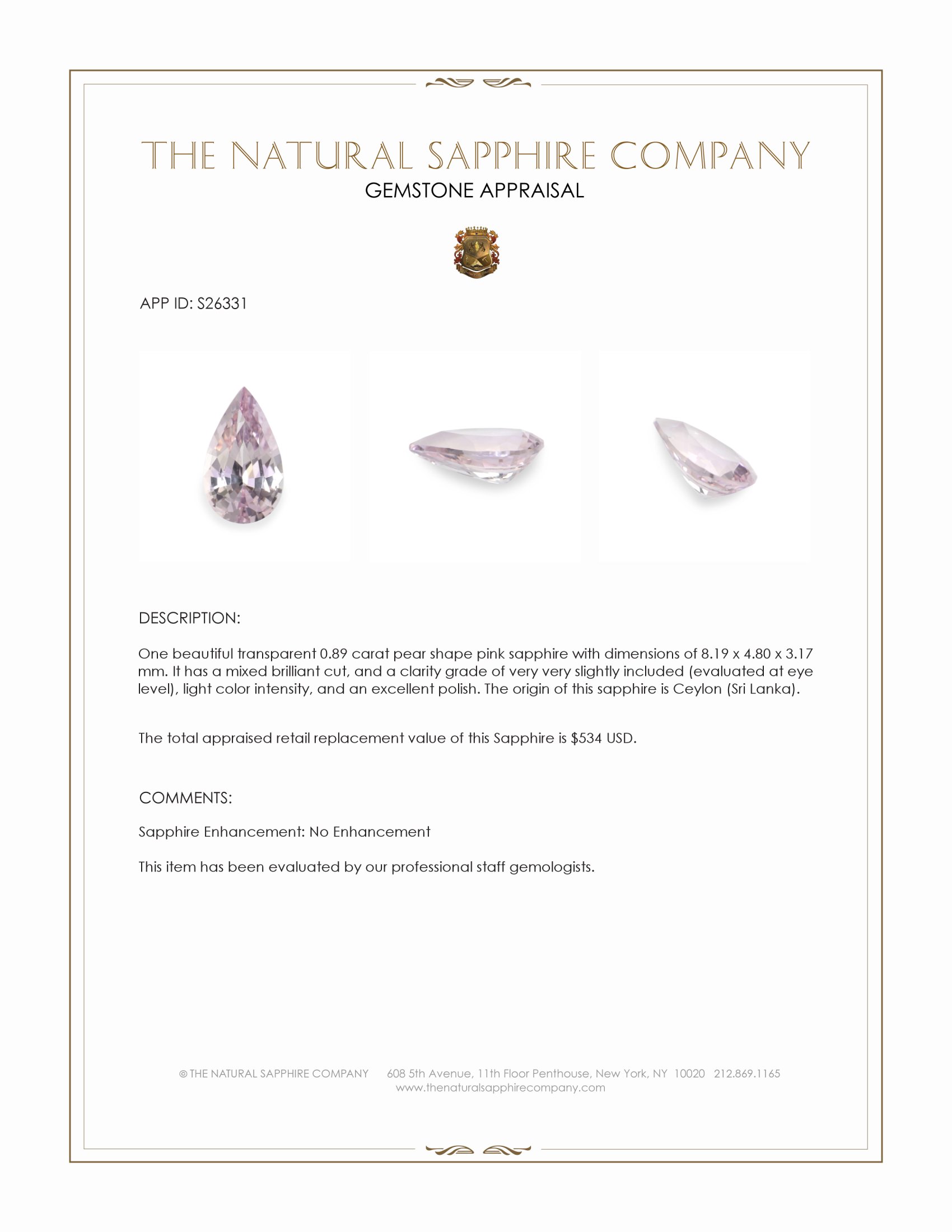 0.89 Ct. Pink Sapphire from Ceylon (Sri Lanka)