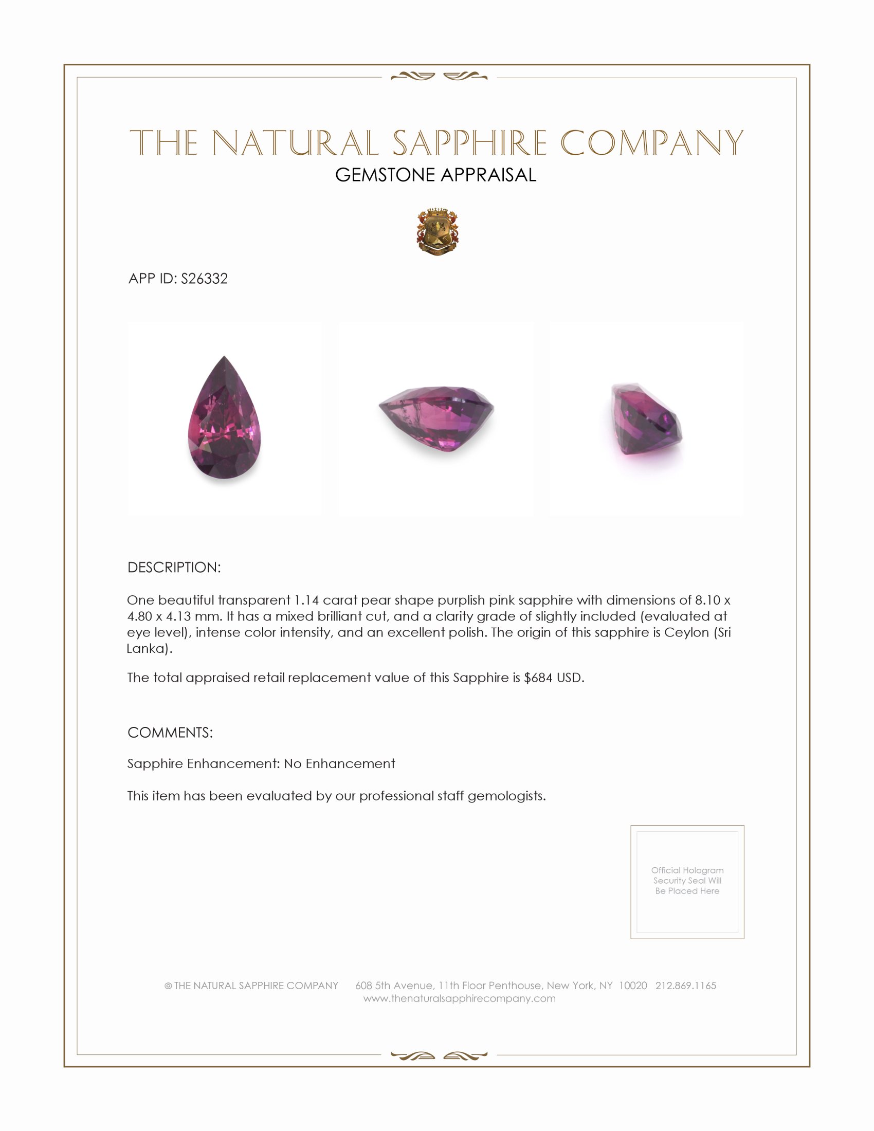 1.14 Ct. Purplish Pink Sapphire from Ceylon (Sri Lanka)