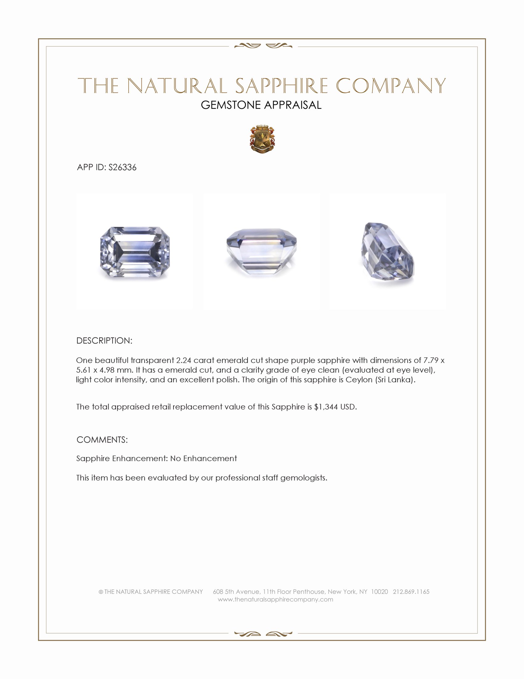 2.24 Ct. Purple Sapphire from Ceylon (Sri Lanka)