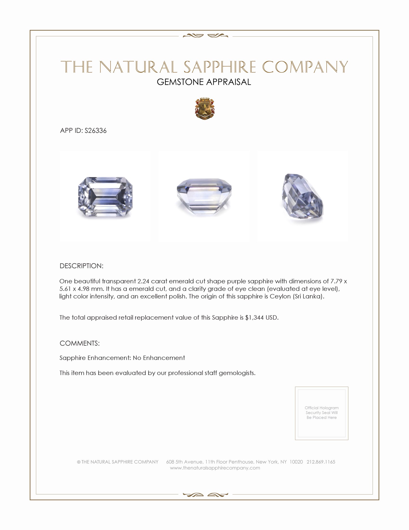 2.24 Ct. Purple Sapphire from Ceylon (Sri Lanka)