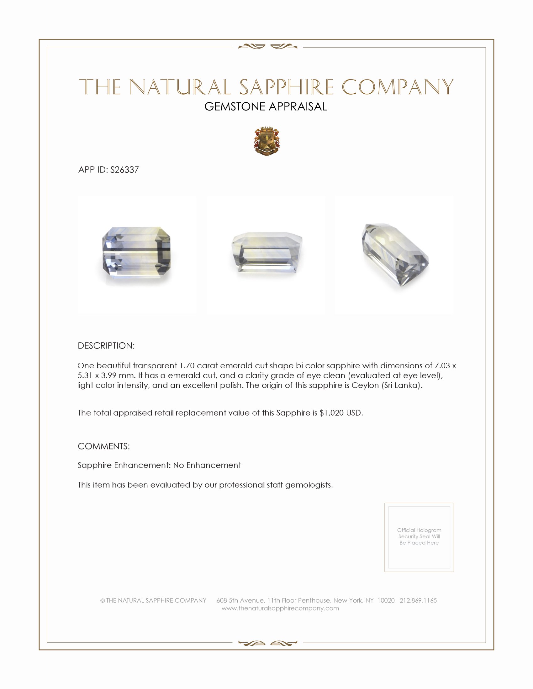 1.70 Ct. Bi Color Sapphire from Ceylon (Sri Lanka)