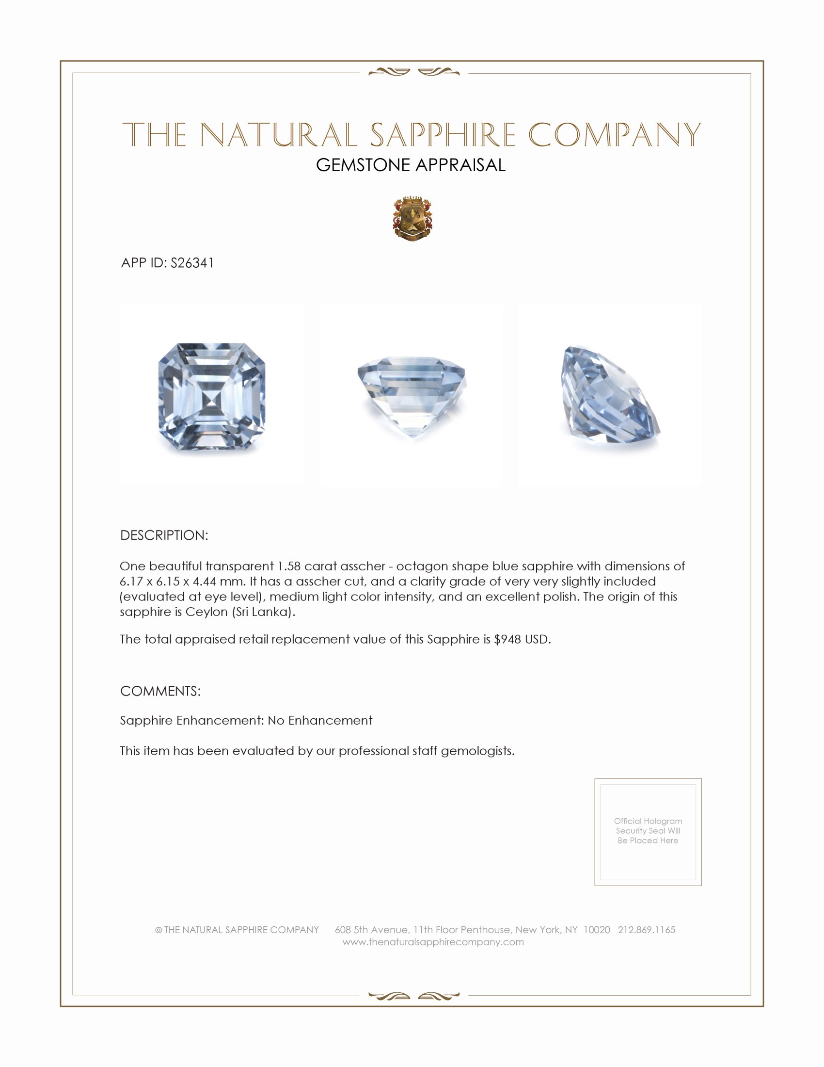 1.58 Ct. Blue Sapphire from Ceylon (Sri Lanka)