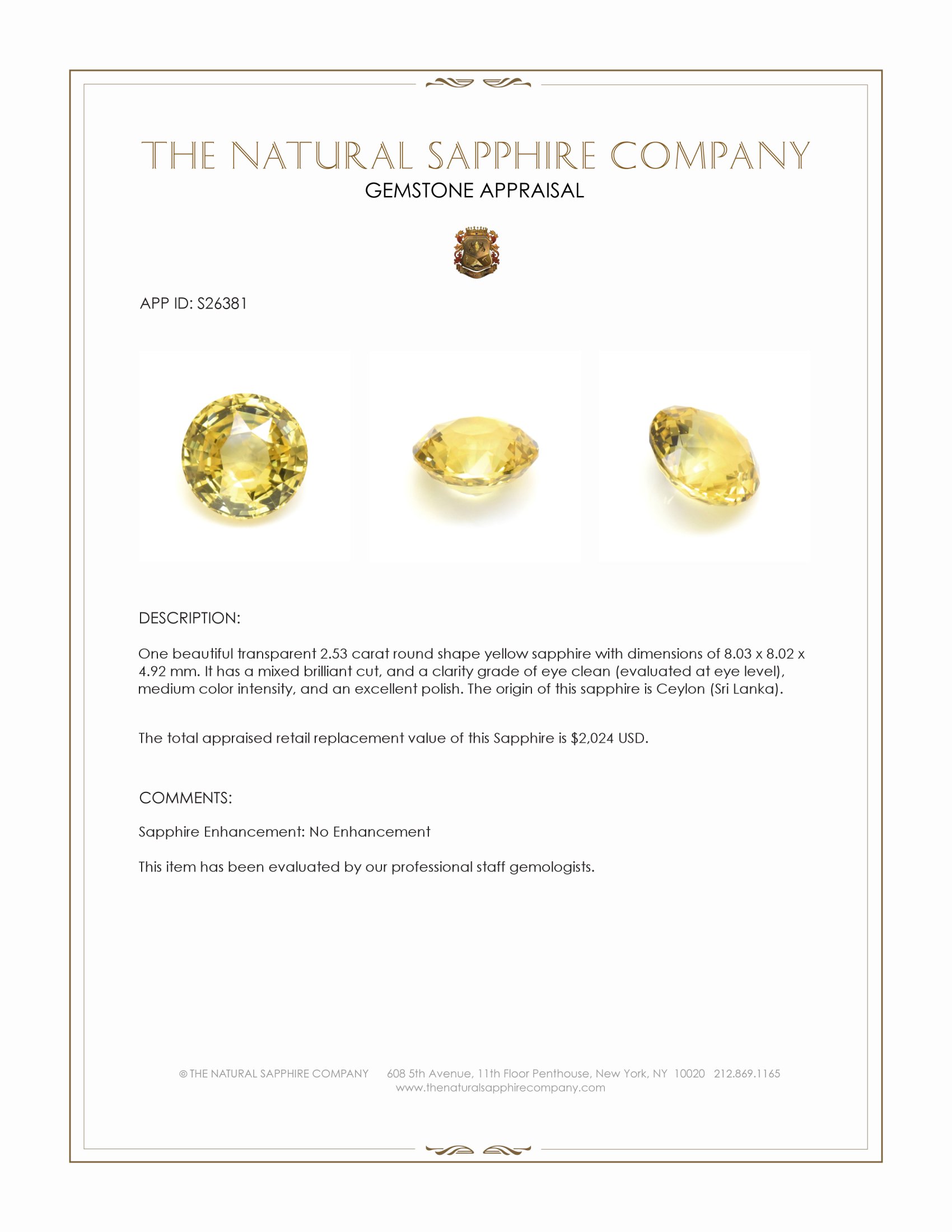 2.53 Ct. Yellow Sapphire from Ceylon (Sri Lanka)