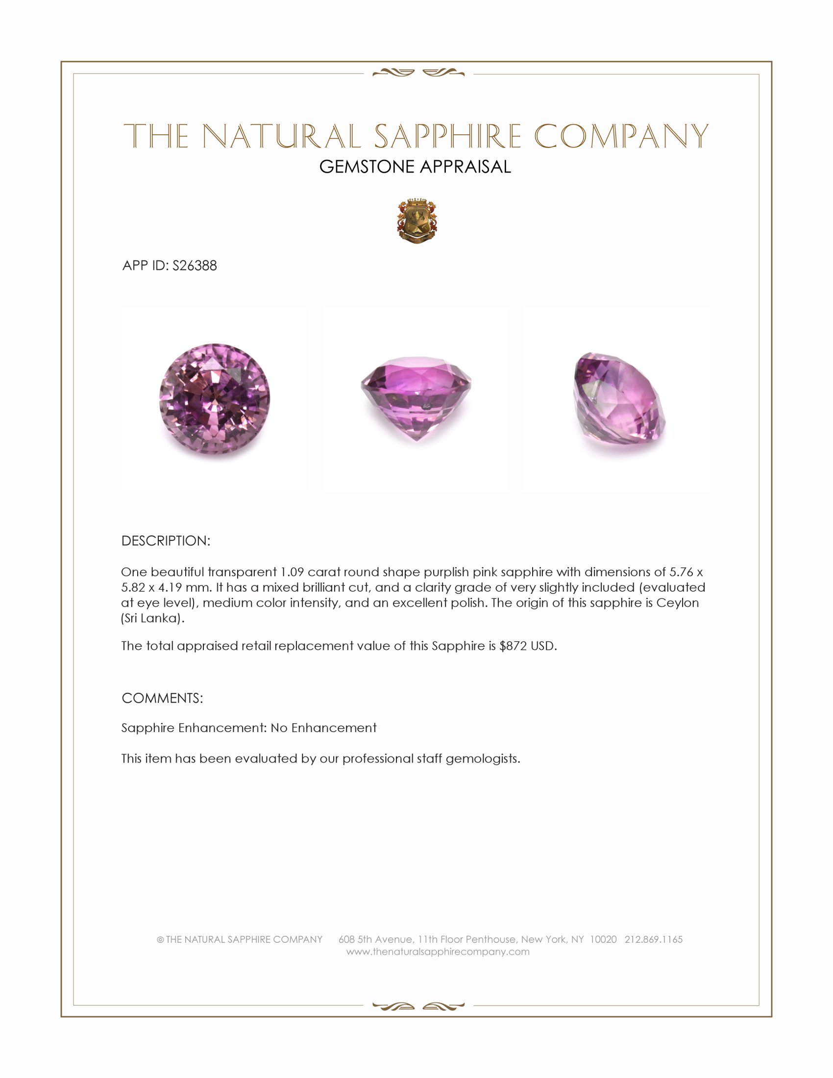 1.09 Ct. Purplish Pink Sapphire from Ceylon (Sri Lanka)