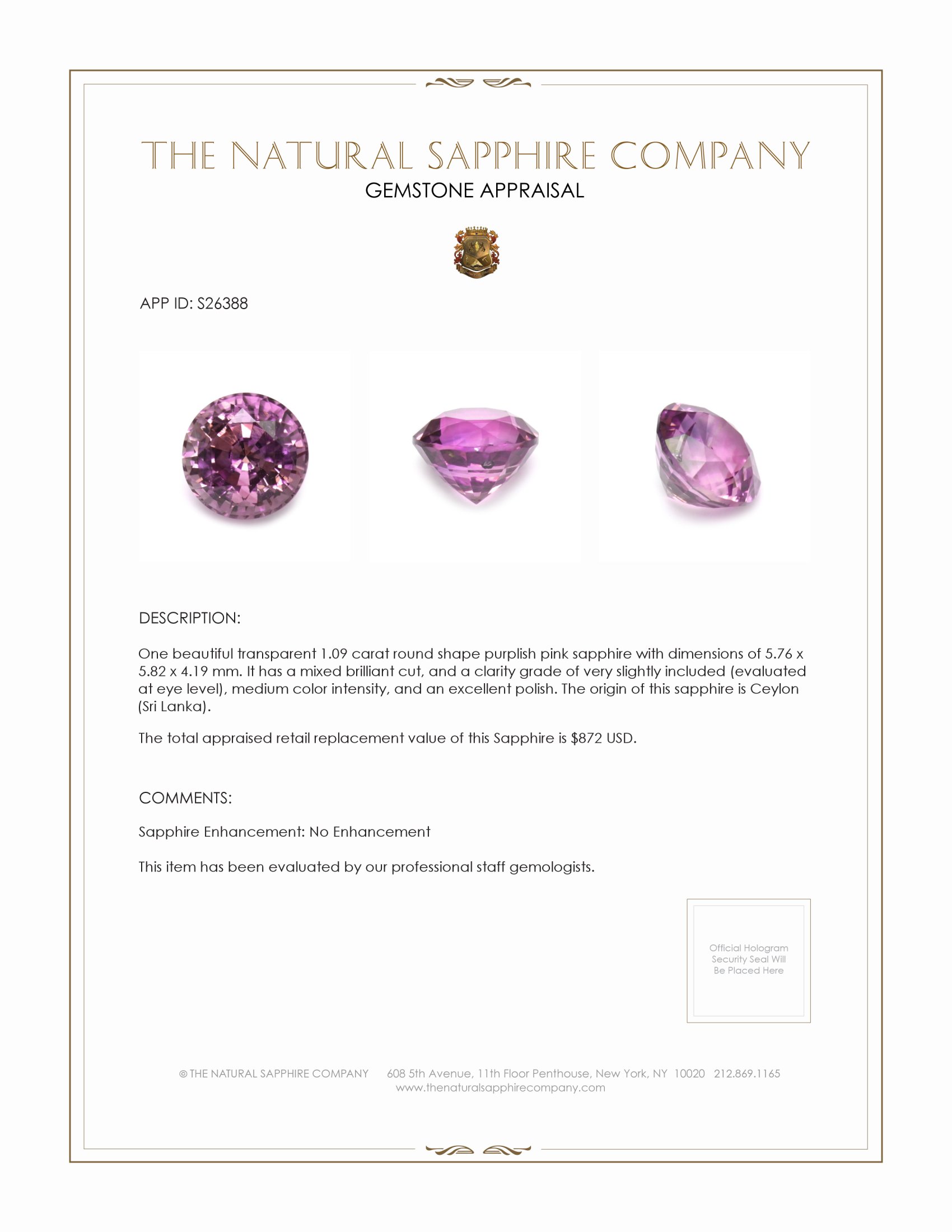 1.09 Ct. Purplish Pink Sapphire from Ceylon (Sri Lanka)