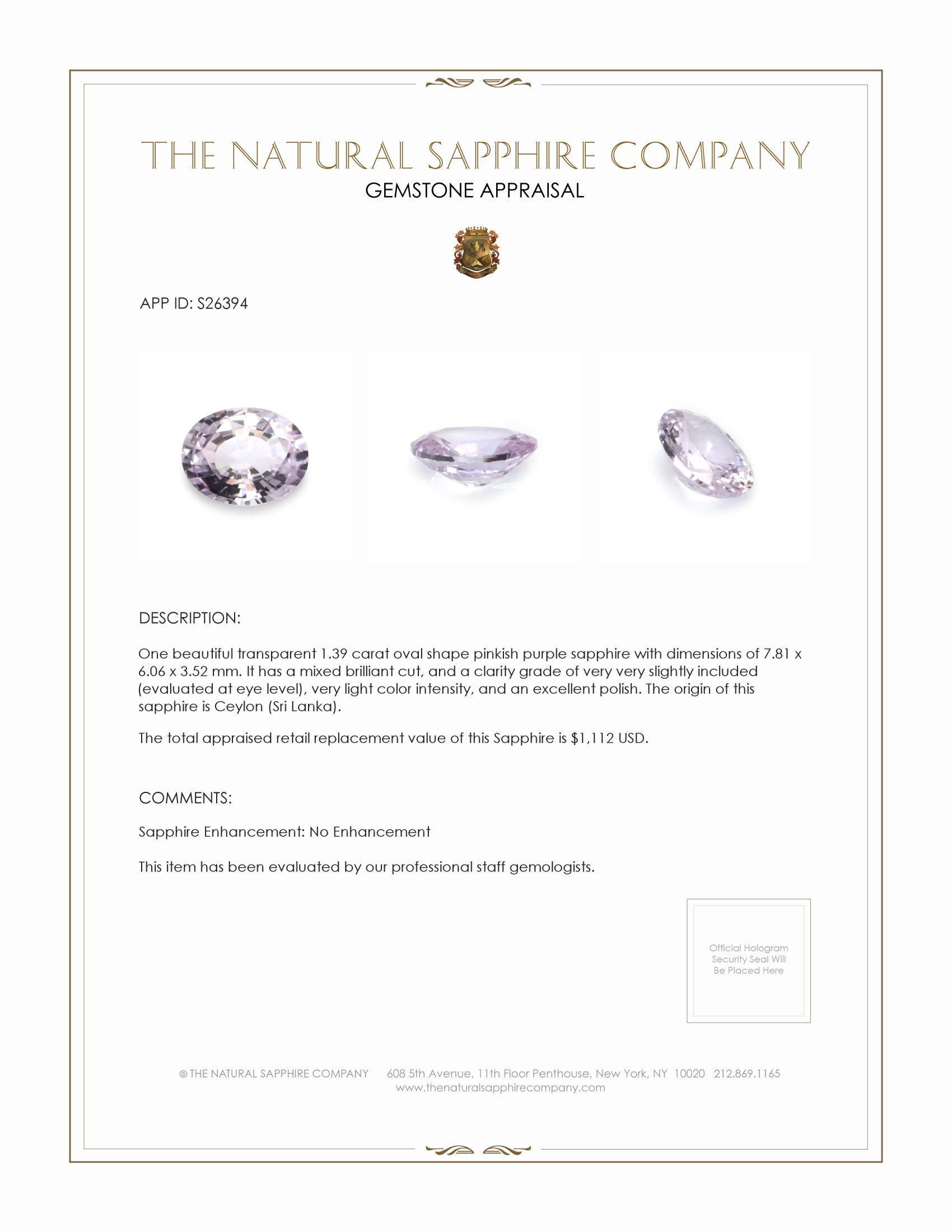 1.39 Ct. Pinkish Purple Sapphire from Ceylon (Sri Lanka)