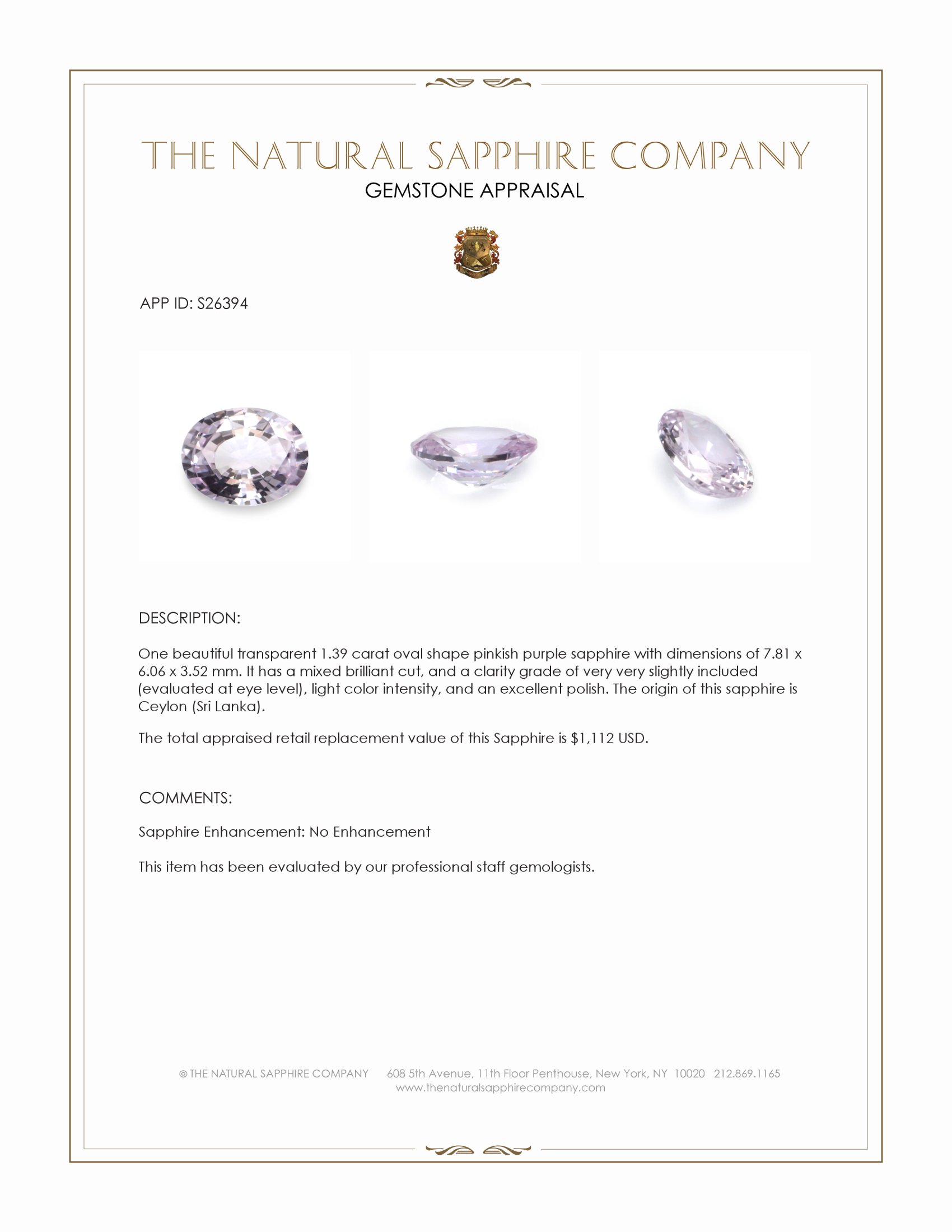 1.39 Ct. Pinkish Purple Sapphire from Ceylon (Sri Lanka)