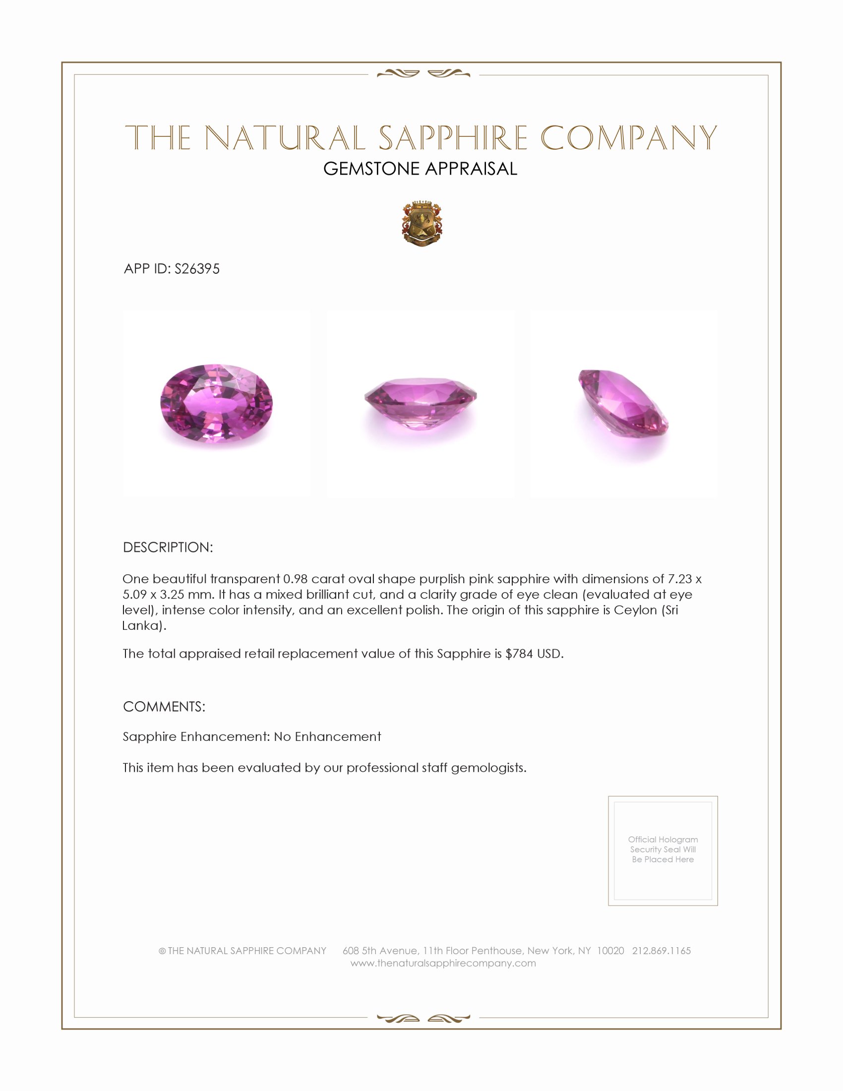 0.98 Ct. Purplish Pink Sapphire from Ceylon (Sri Lanka)