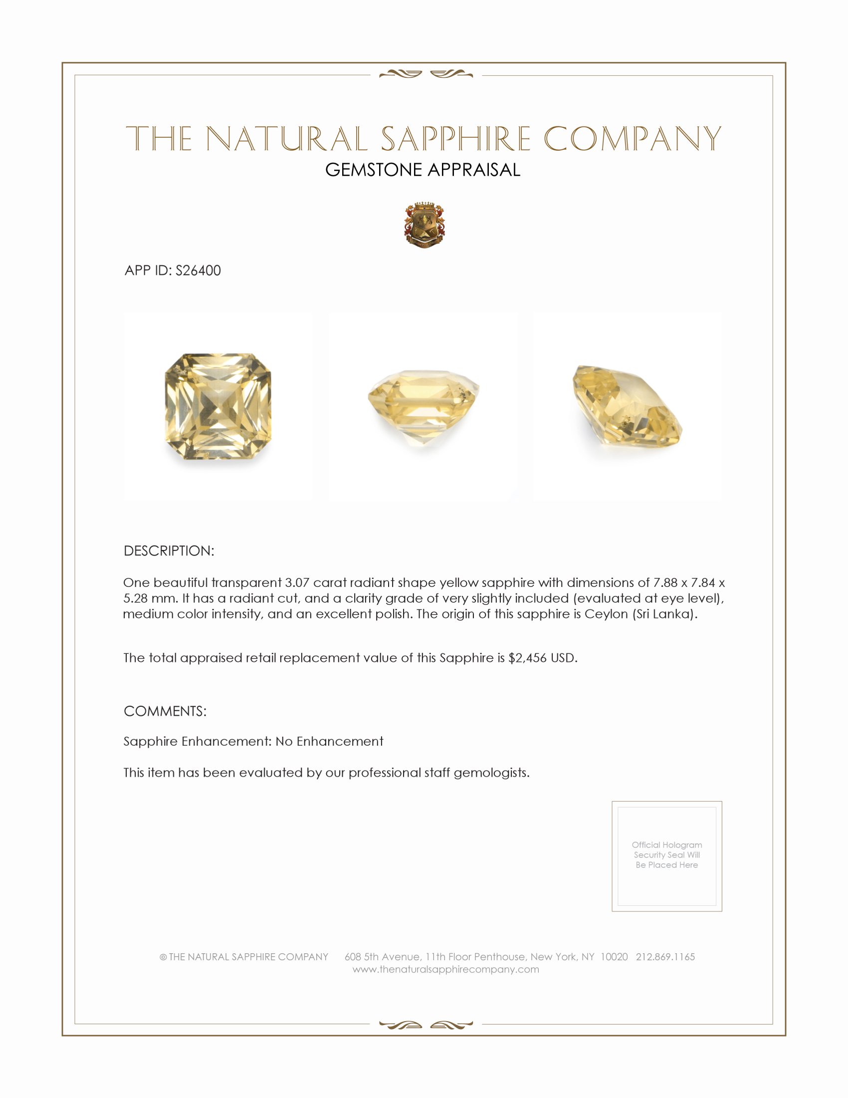 3.07 Ct. Yellow Sapphire from Ceylon (Sri Lanka)