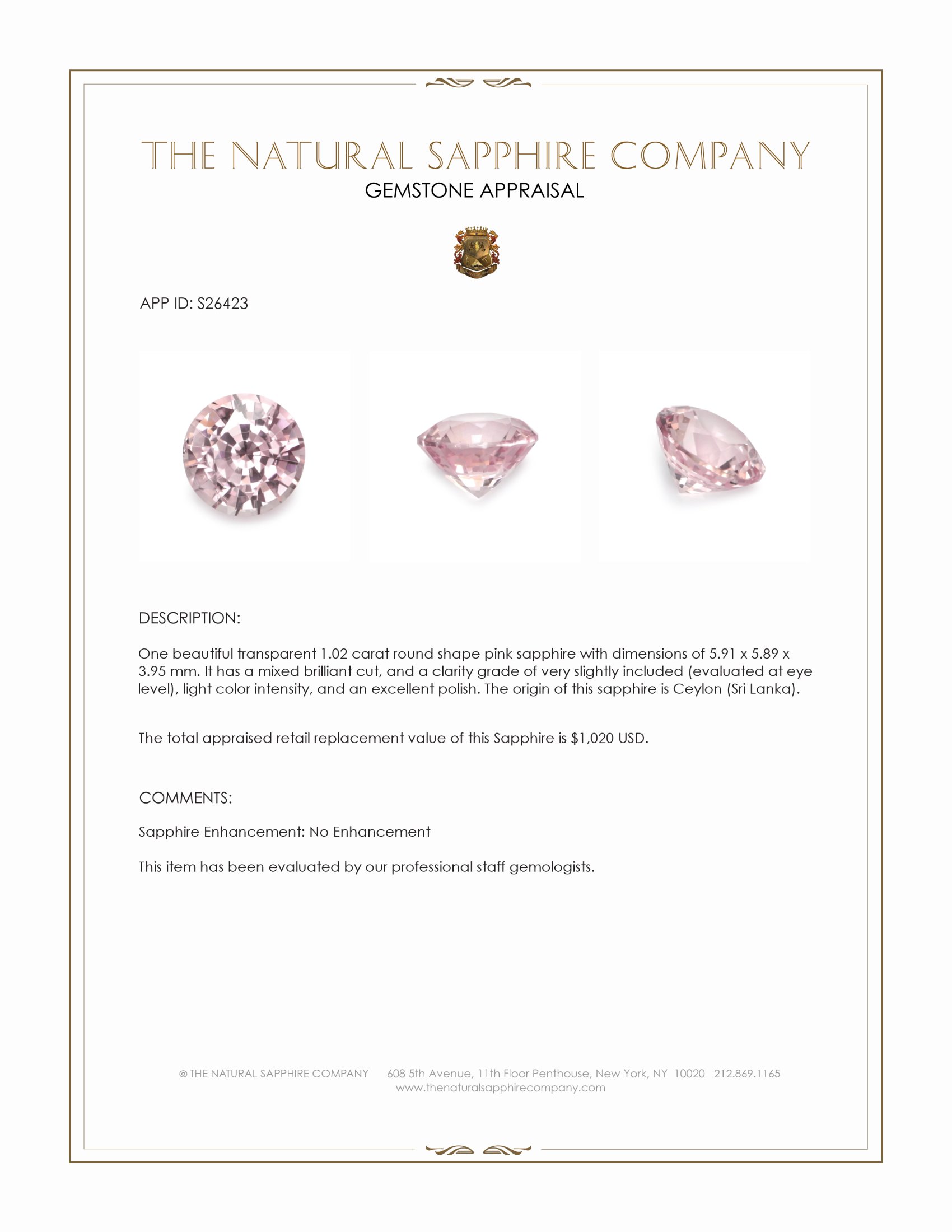 1.02 Ct. Pink Sapphire from Ceylon (Sri Lanka)