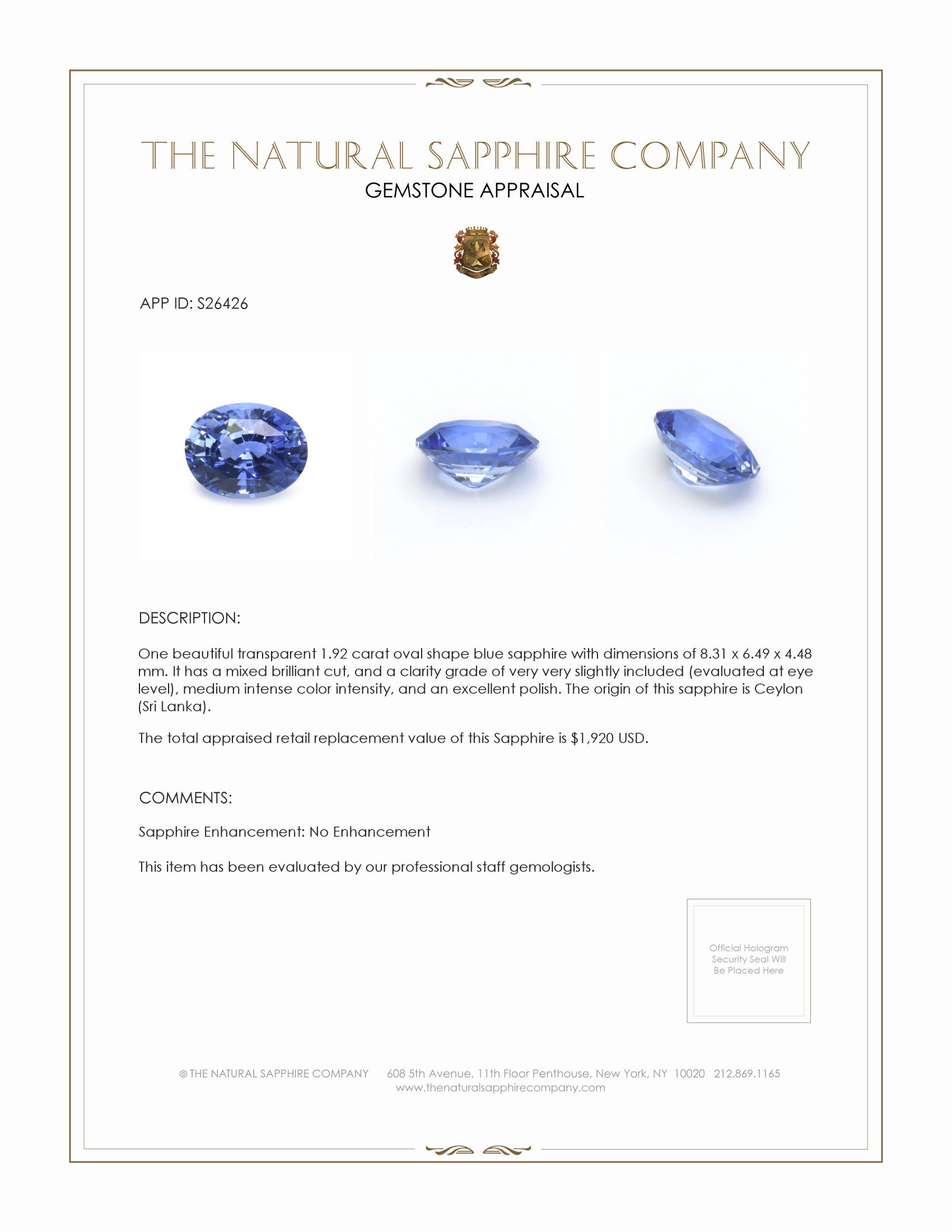 1.92 Ct. Blue Sapphire from Ceylon (Sri Lanka)