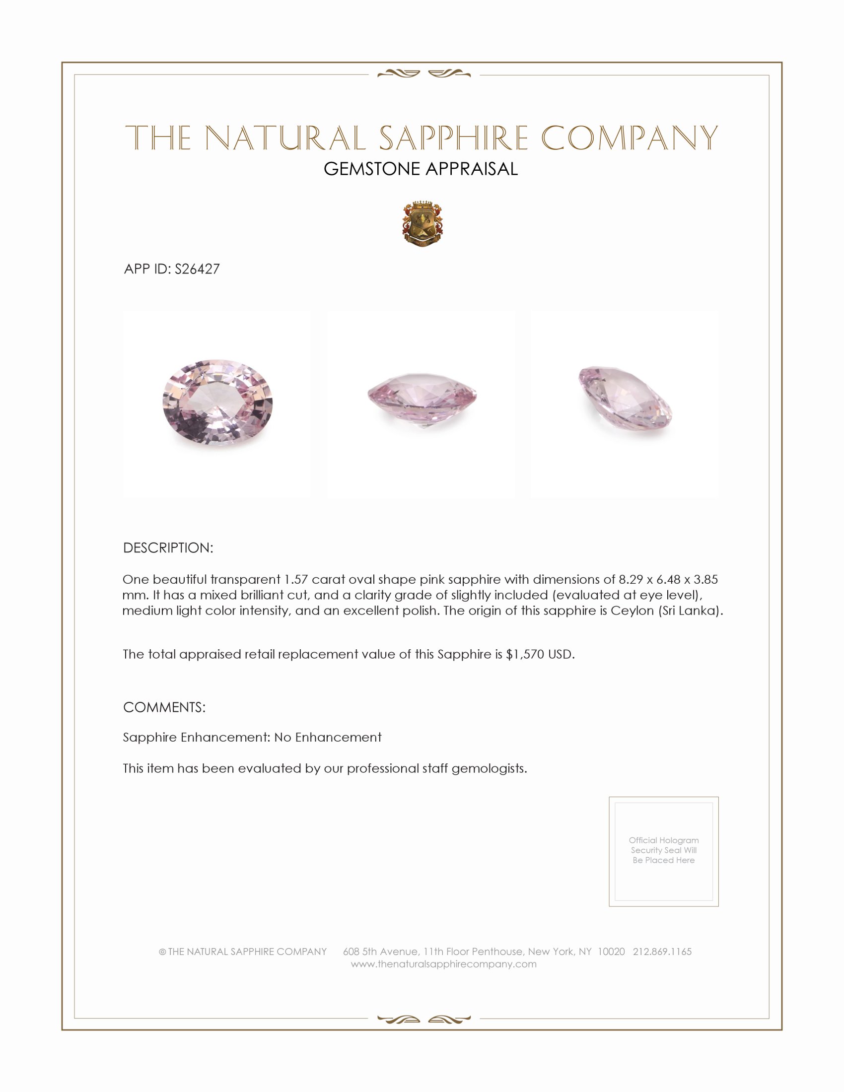 1.57 Ct. Pink Sapphire from Ceylon (Sri Lanka)