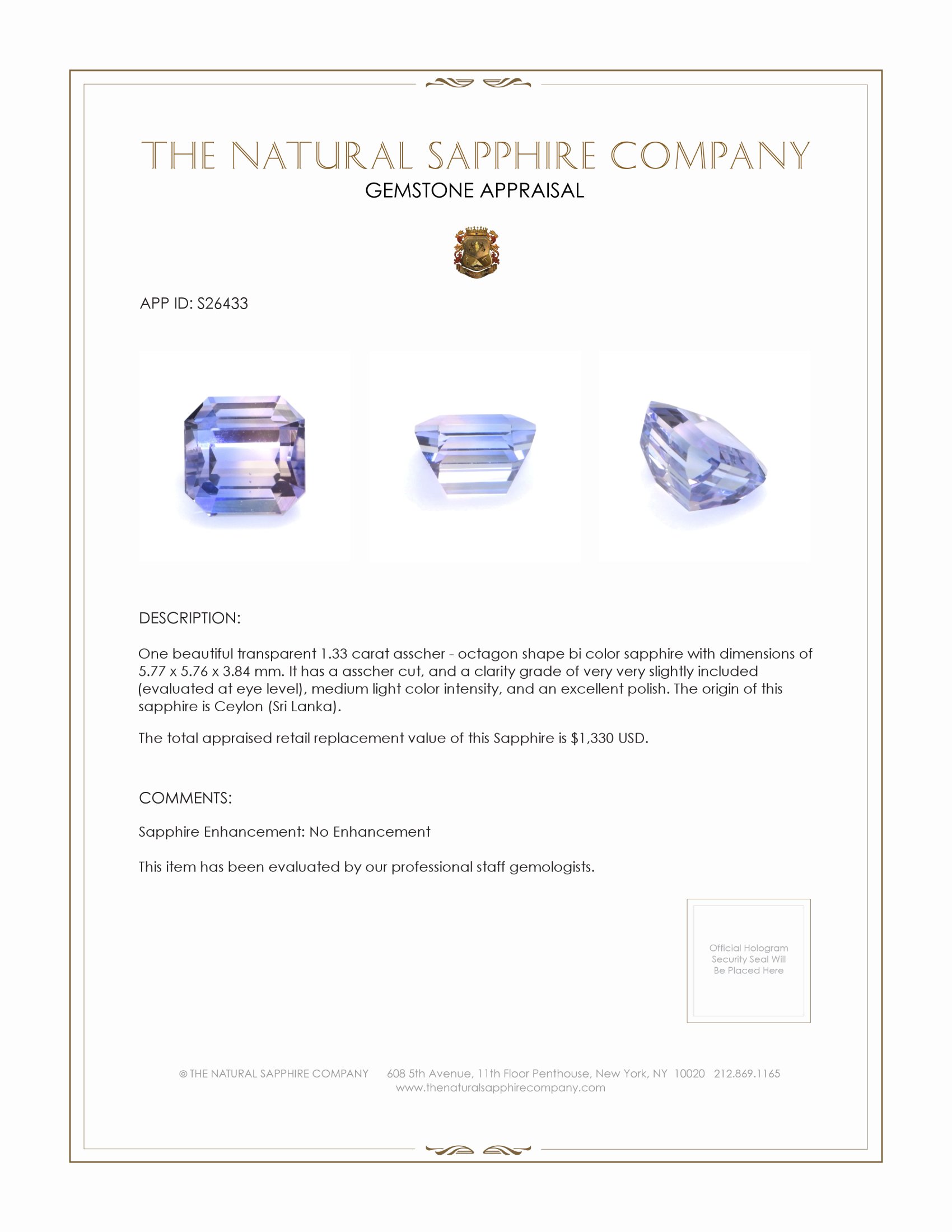 1.33 Ct. Bi Color Sapphire from Ceylon (Sri Lanka)