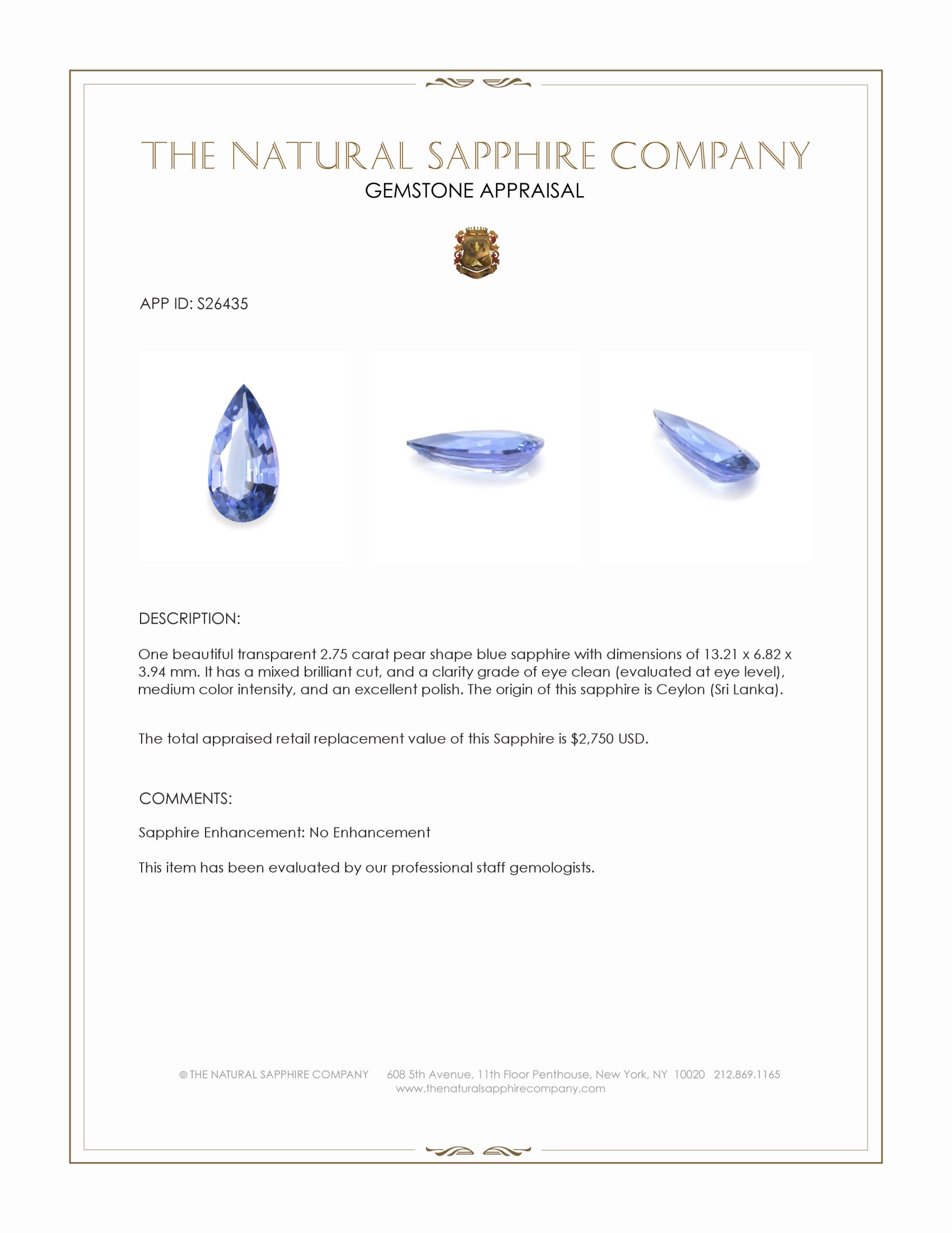 2.75 Ct. Blue Sapphire from Ceylon (Sri Lanka)