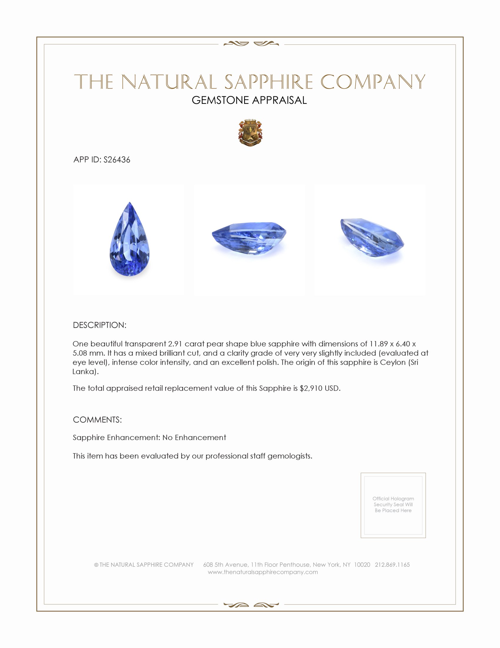 2.91 Ct. Blue Sapphire from Ceylon (Sri Lanka)