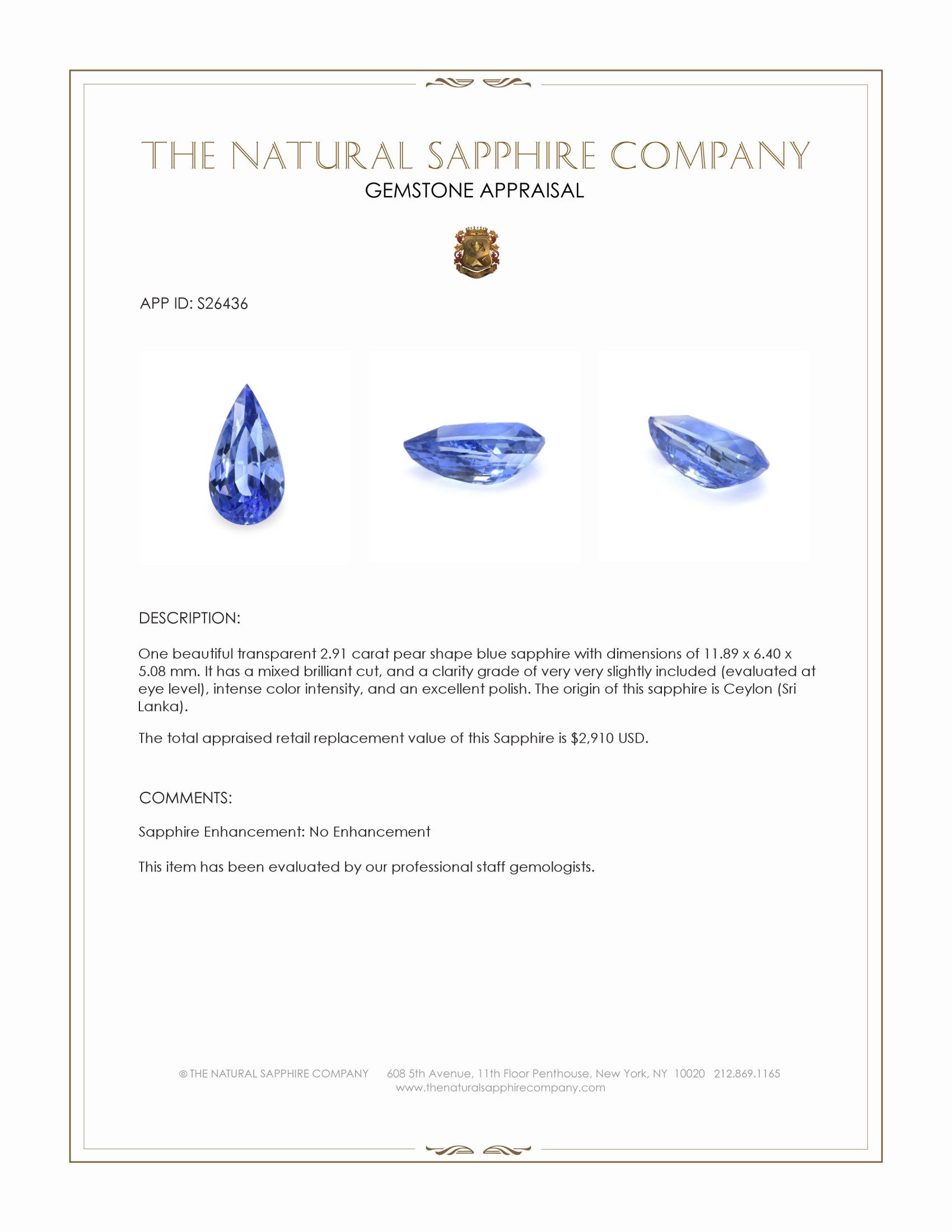 2.91 Ct. Blue Sapphire from Ceylon (Sri Lanka)