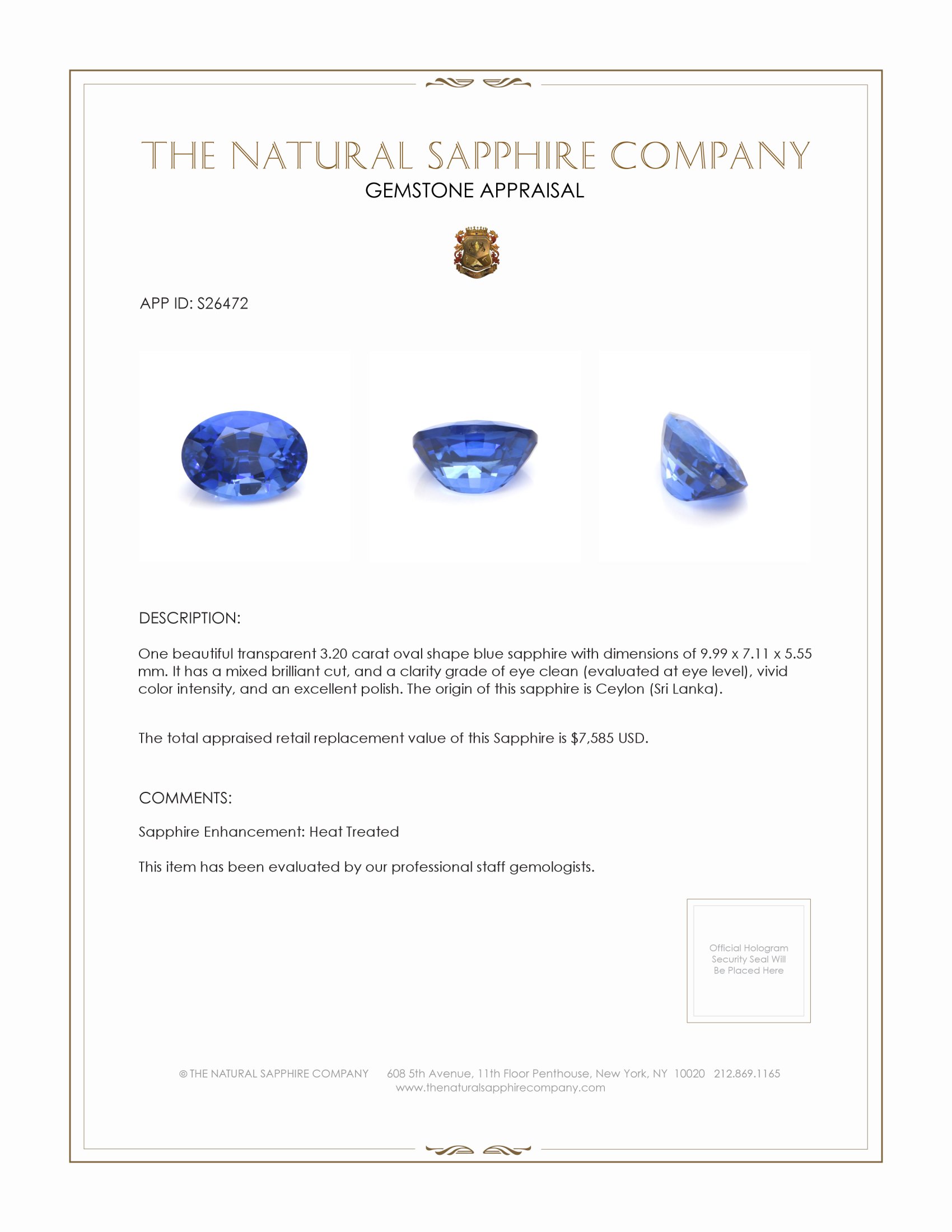 3.20 Ct. Blue Sapphire from Ceylon (Sri Lanka)