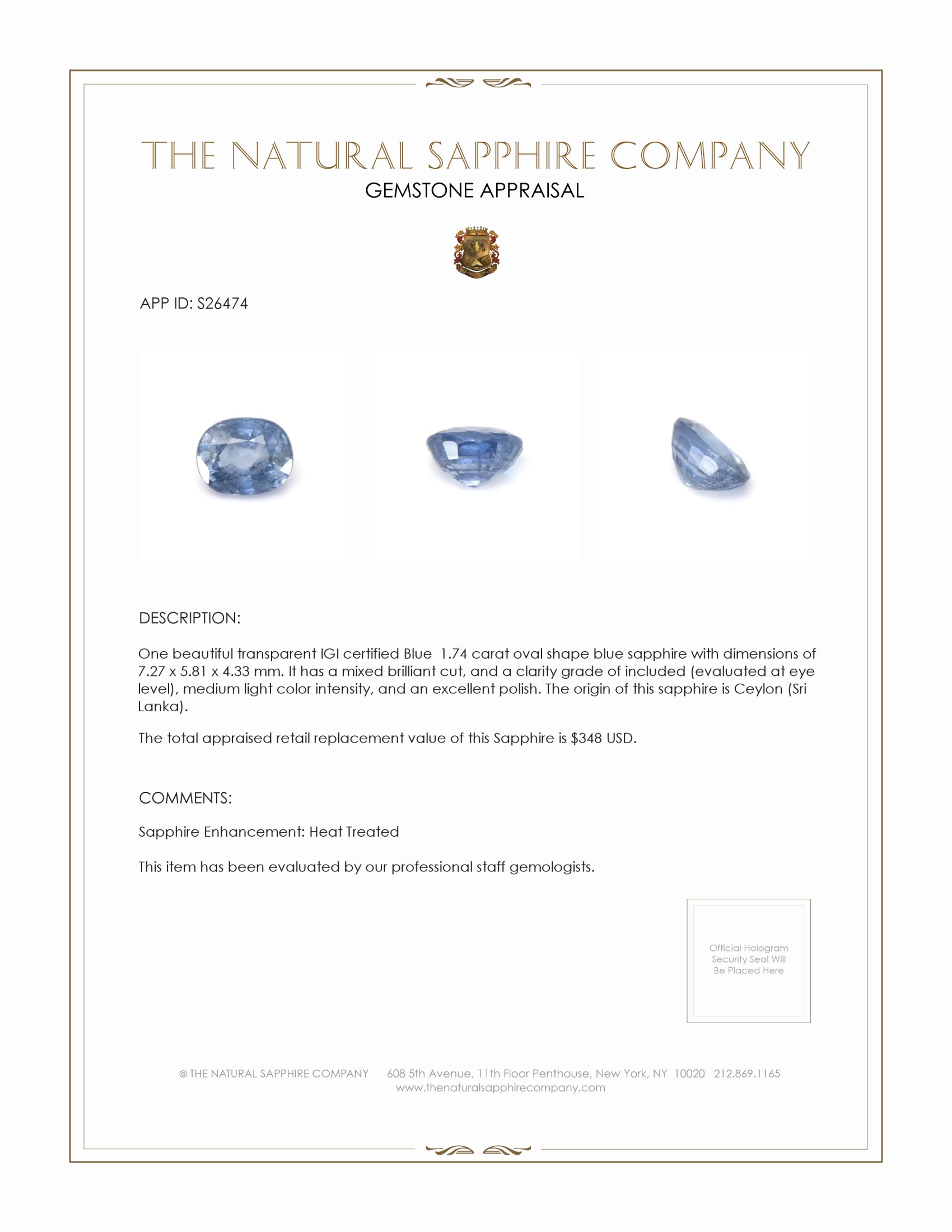 1.74 Ct. Blue Sapphire from Ceylon (Sri Lanka)