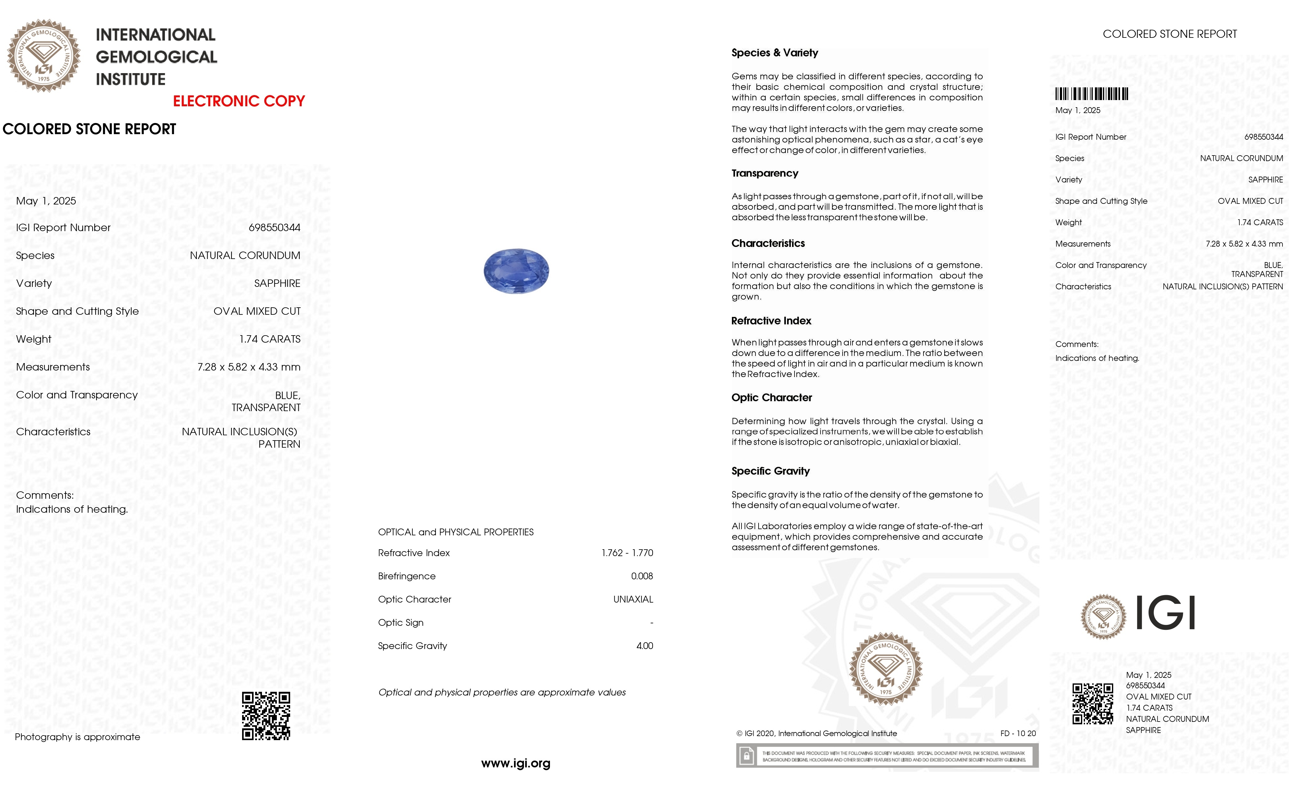 1.74 Ct. Blue Sapphire from Ceylon (Sri Lanka)