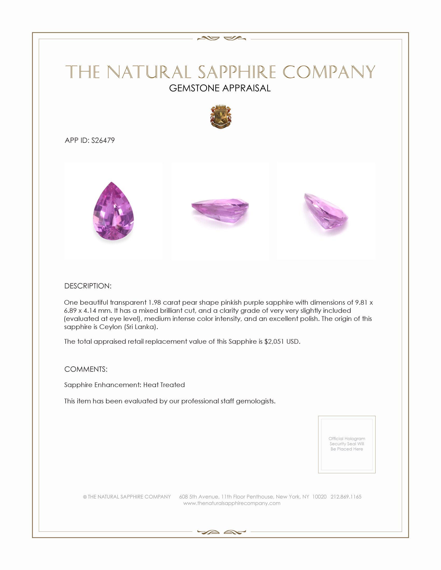 1.98 Ct. Pinkish Purple Sapphire from Ceylon (Sri Lanka)