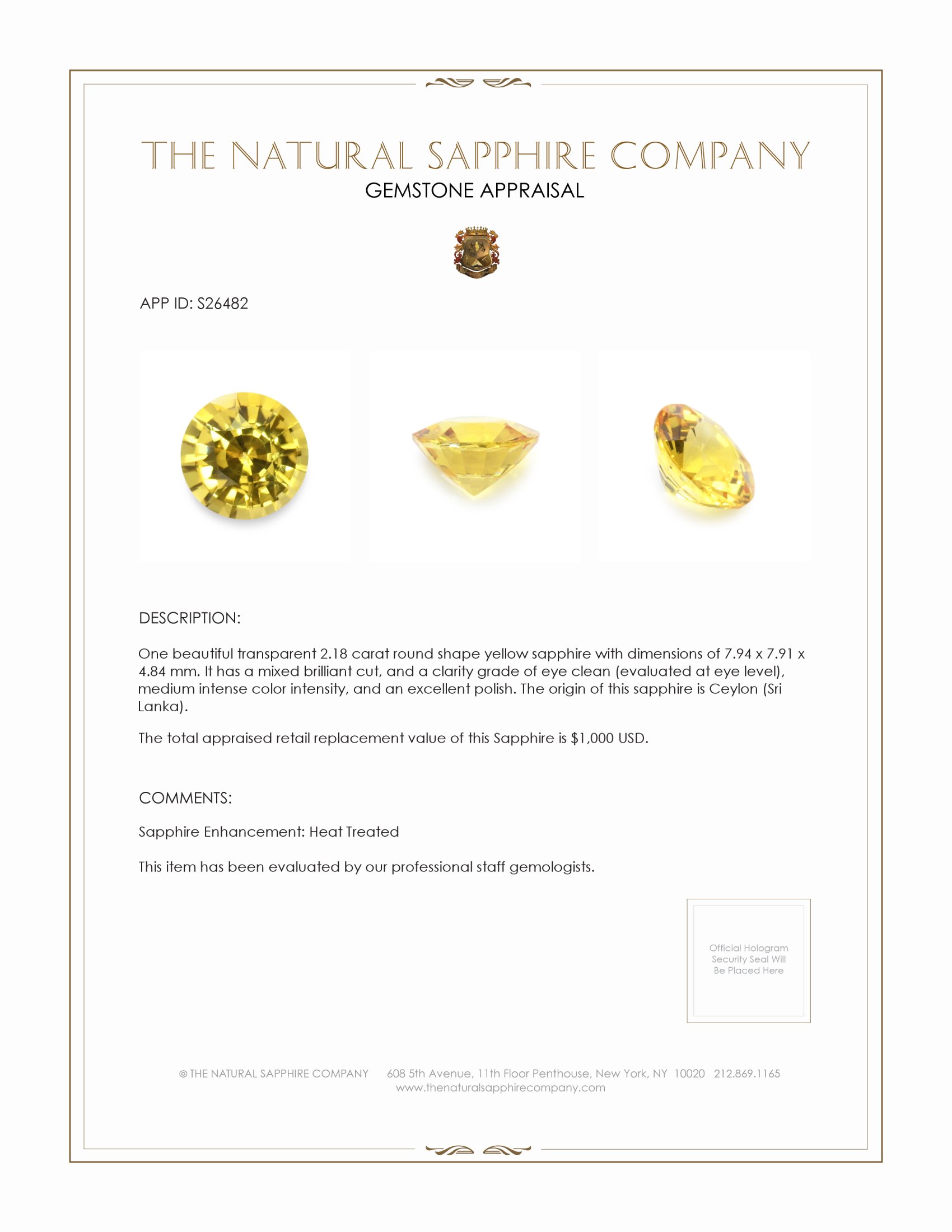 2.18 Ct. Yellow Sapphire from Ceylon (Sri Lanka)