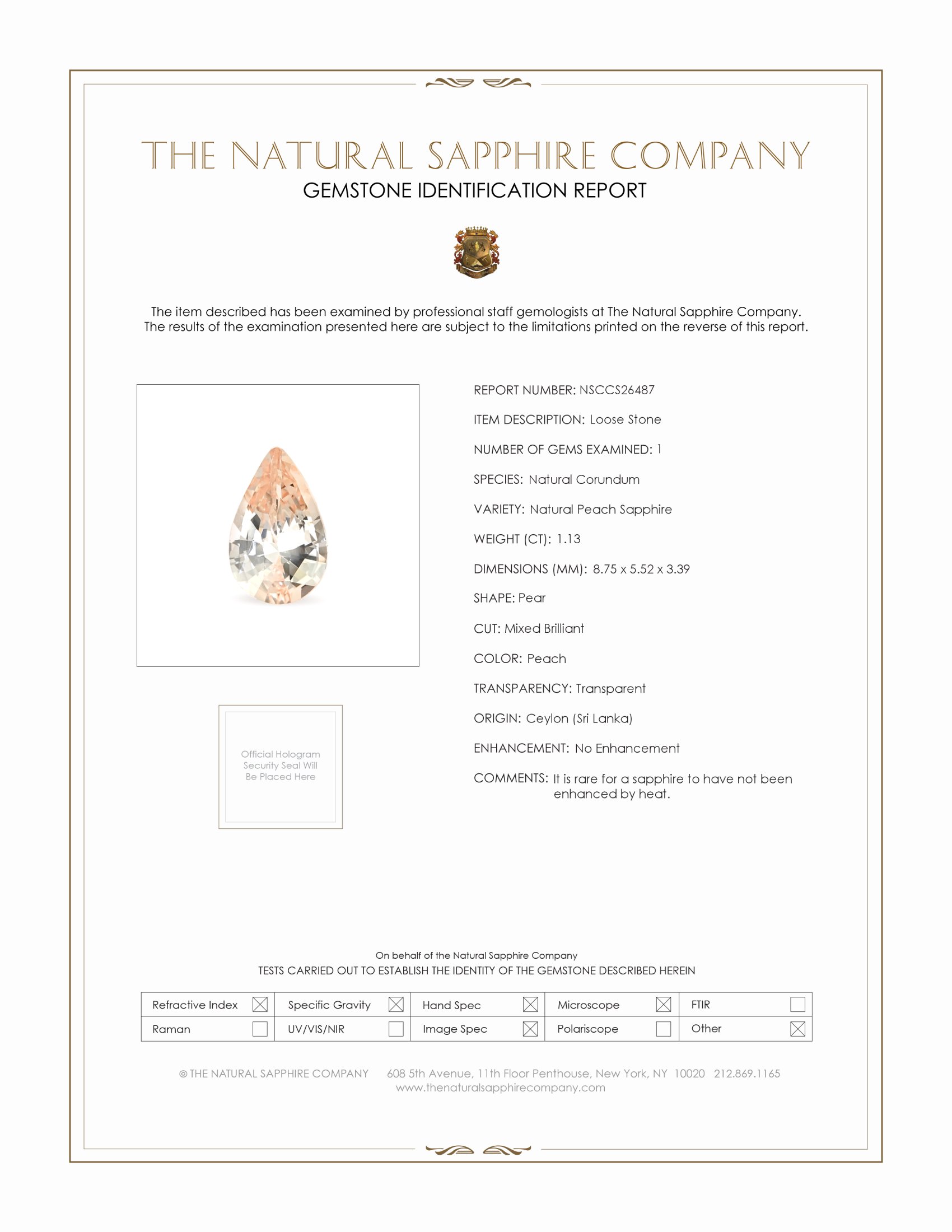 1.13 Ct. Peach Sapphire from Ceylon (Sri Lanka)