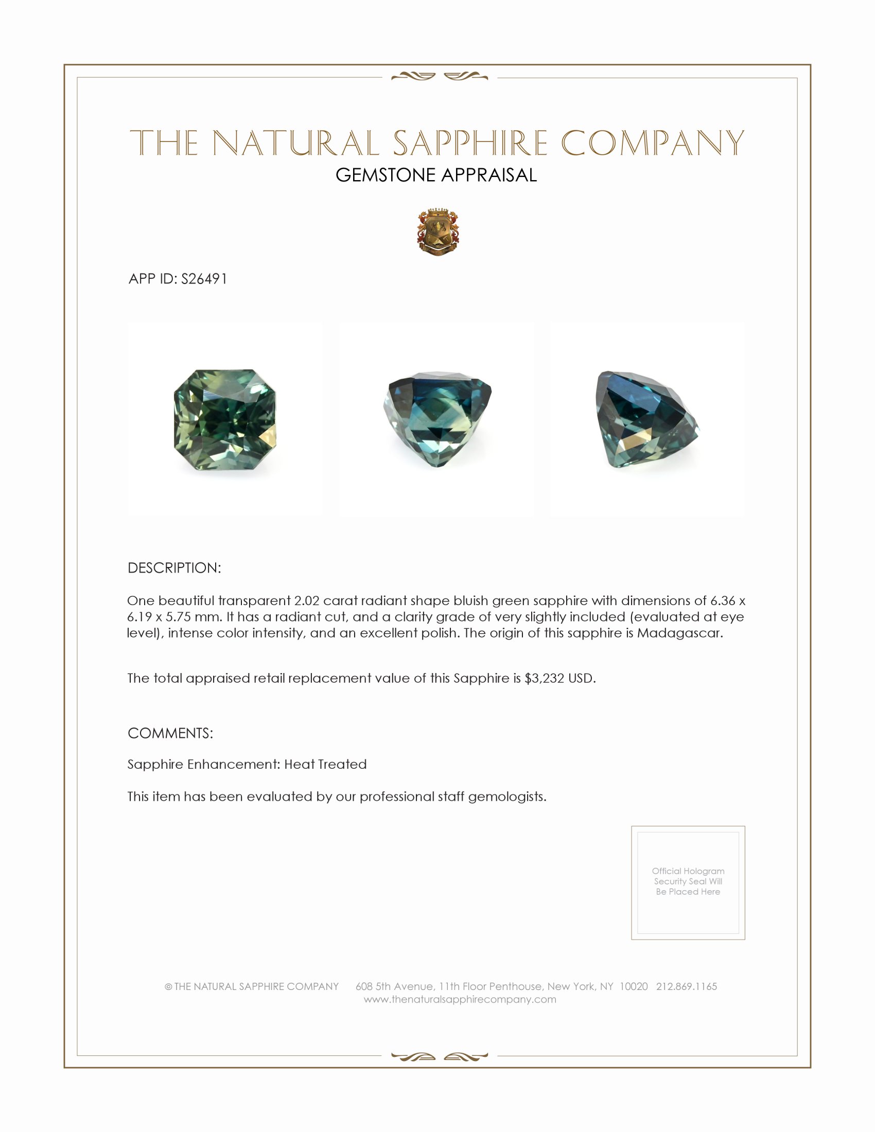 2.02 Ct. Bluish Green Sapphire from Madagascar