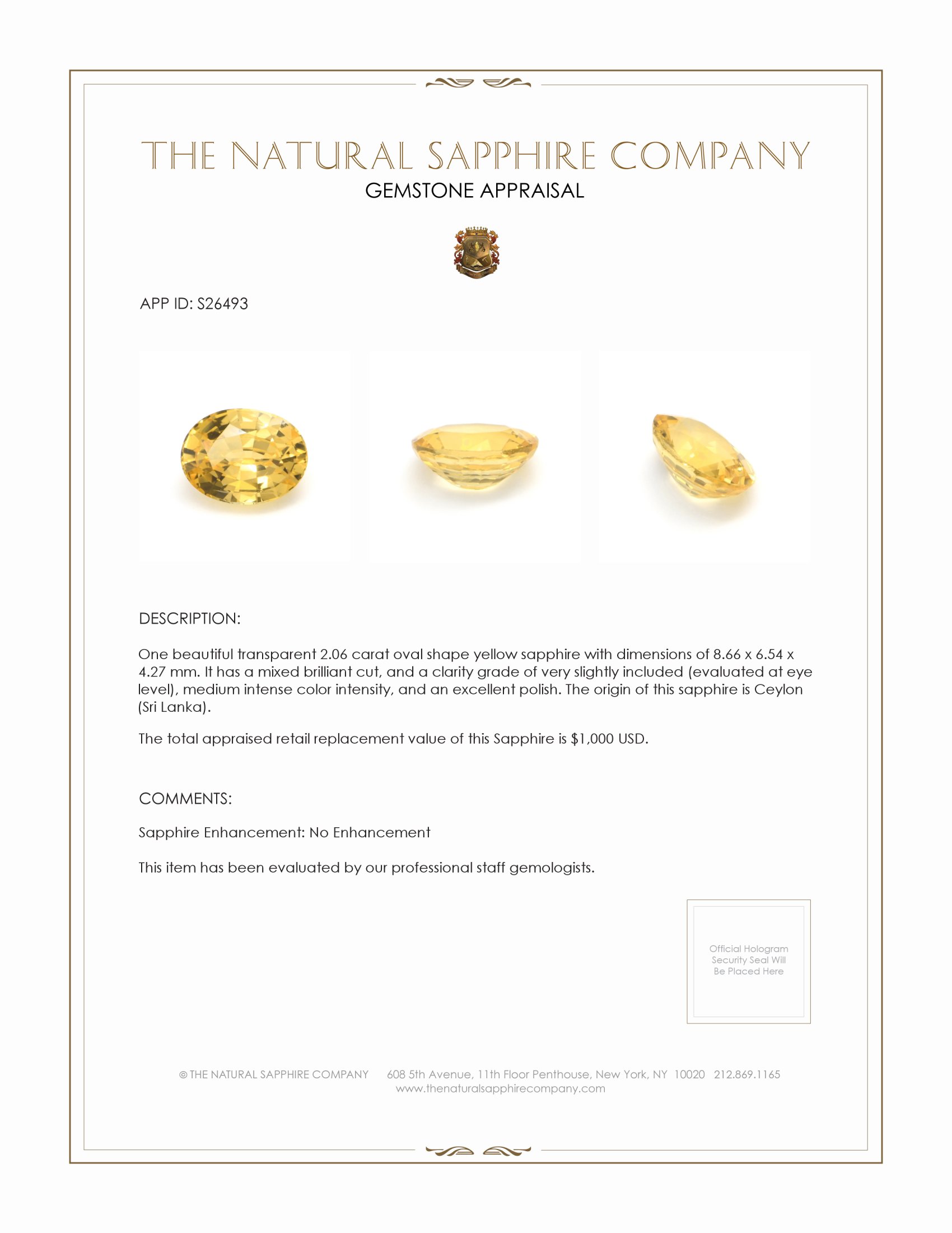 2.06 Ct. Yellow Sapphire from Ceylon (Sri Lanka)