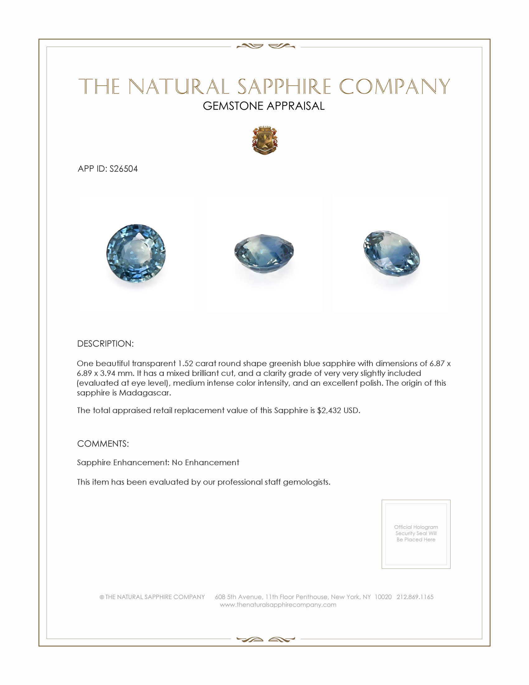 1.52 Ct. Greenish Blue Sapphire from Madagascar