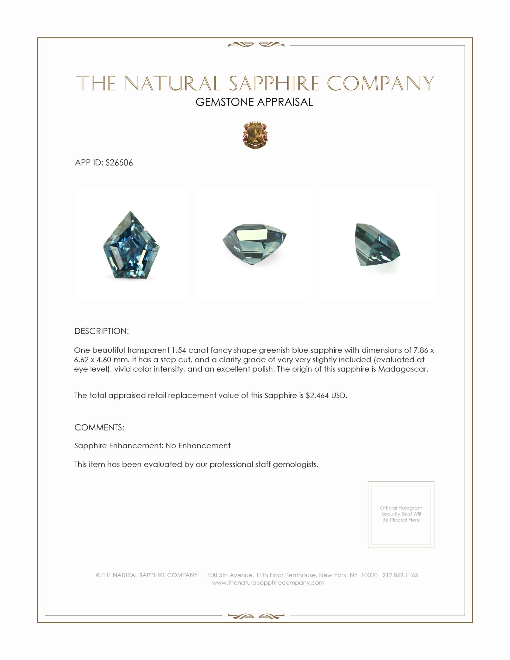 1.54 Ct. Greenish Blue Sapphire from Madagascar