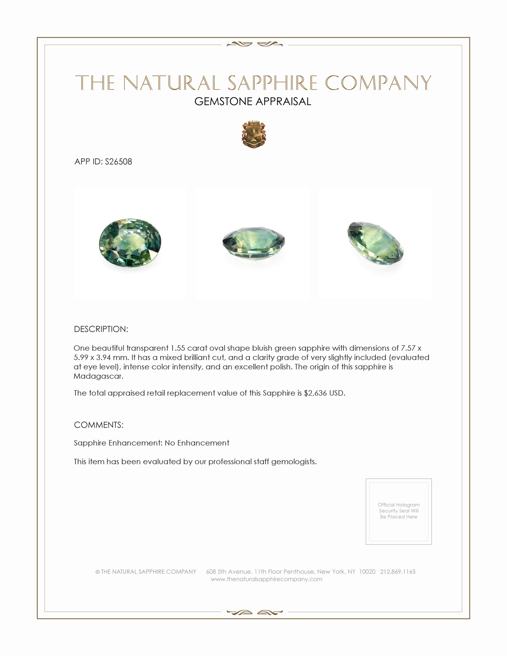 1.55 Ct. Bluish Green Sapphire from Madagascar