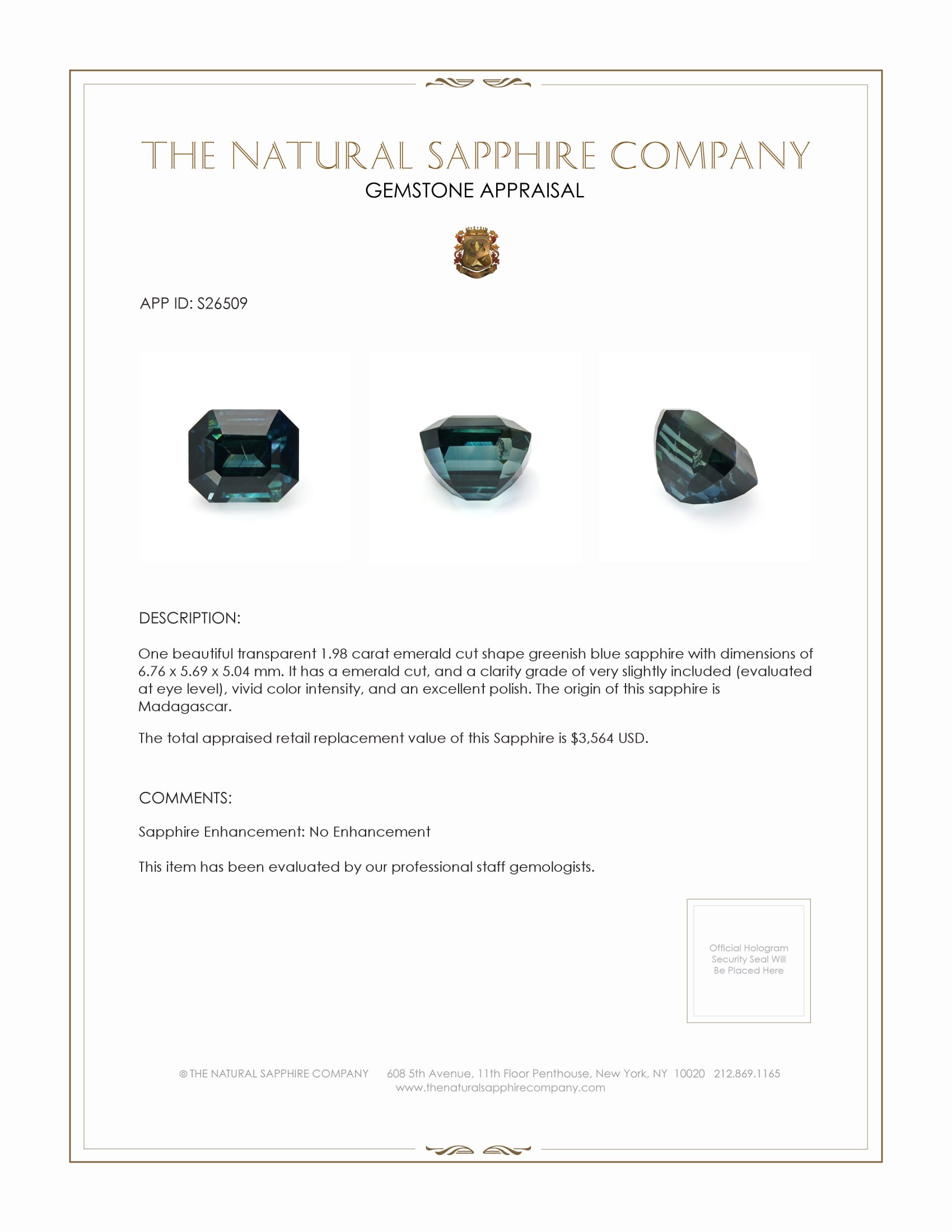 1.98 Ct. Bluish Green Sapphire from Madagascar