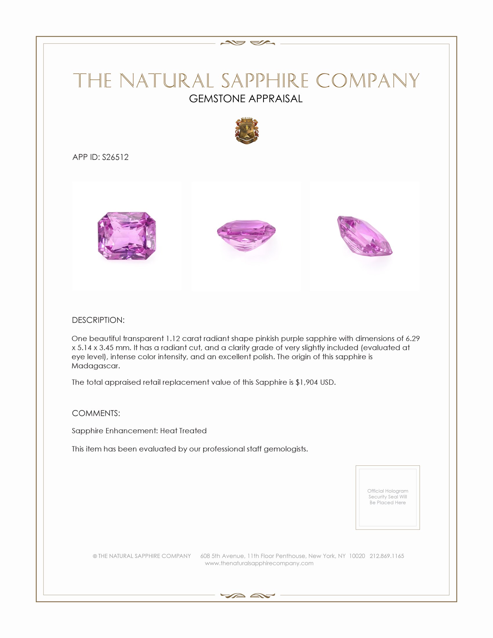 1.12 Ct. Pinkish Purple Sapphire from Madagascar