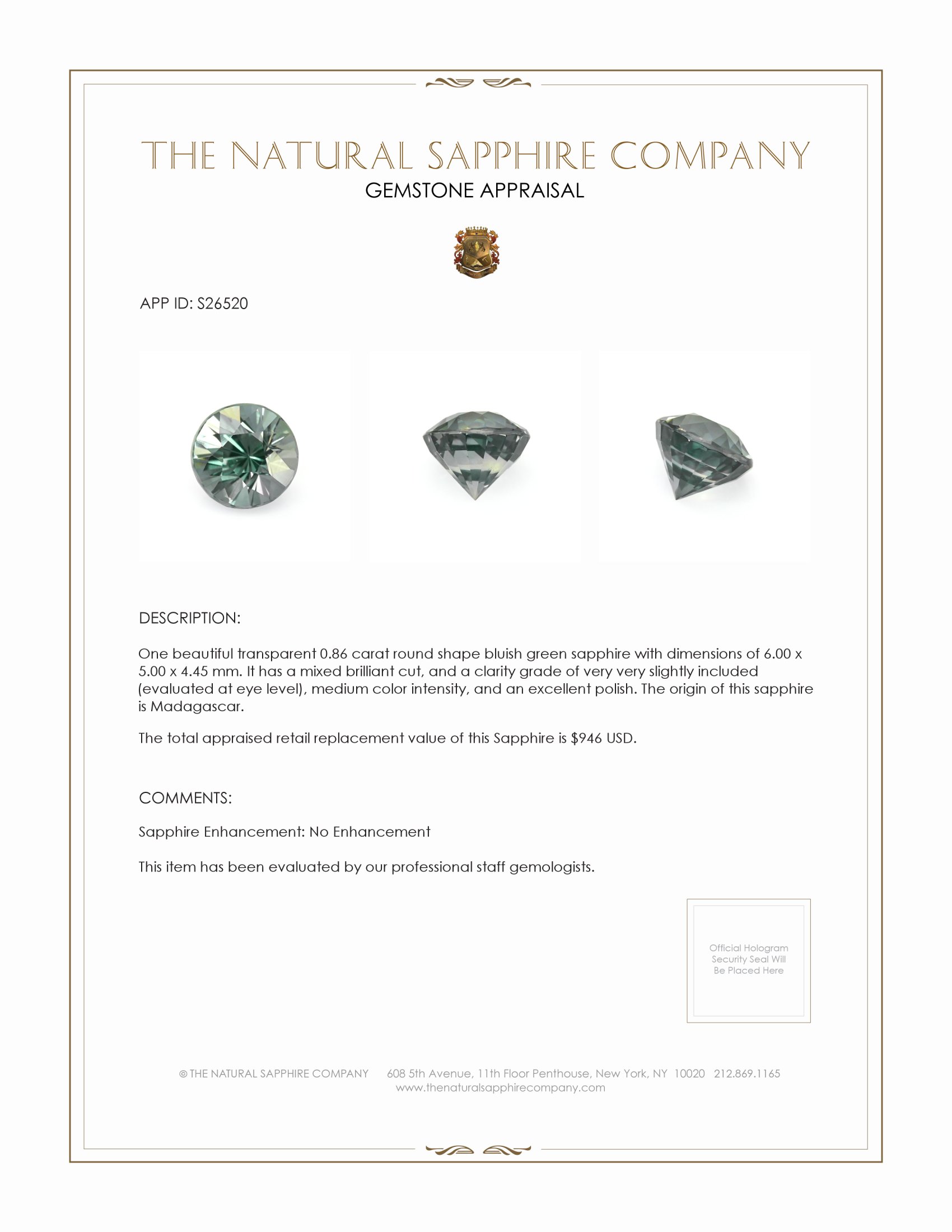 0.86 Ct. Bluish Green Sapphire from Madagascar
