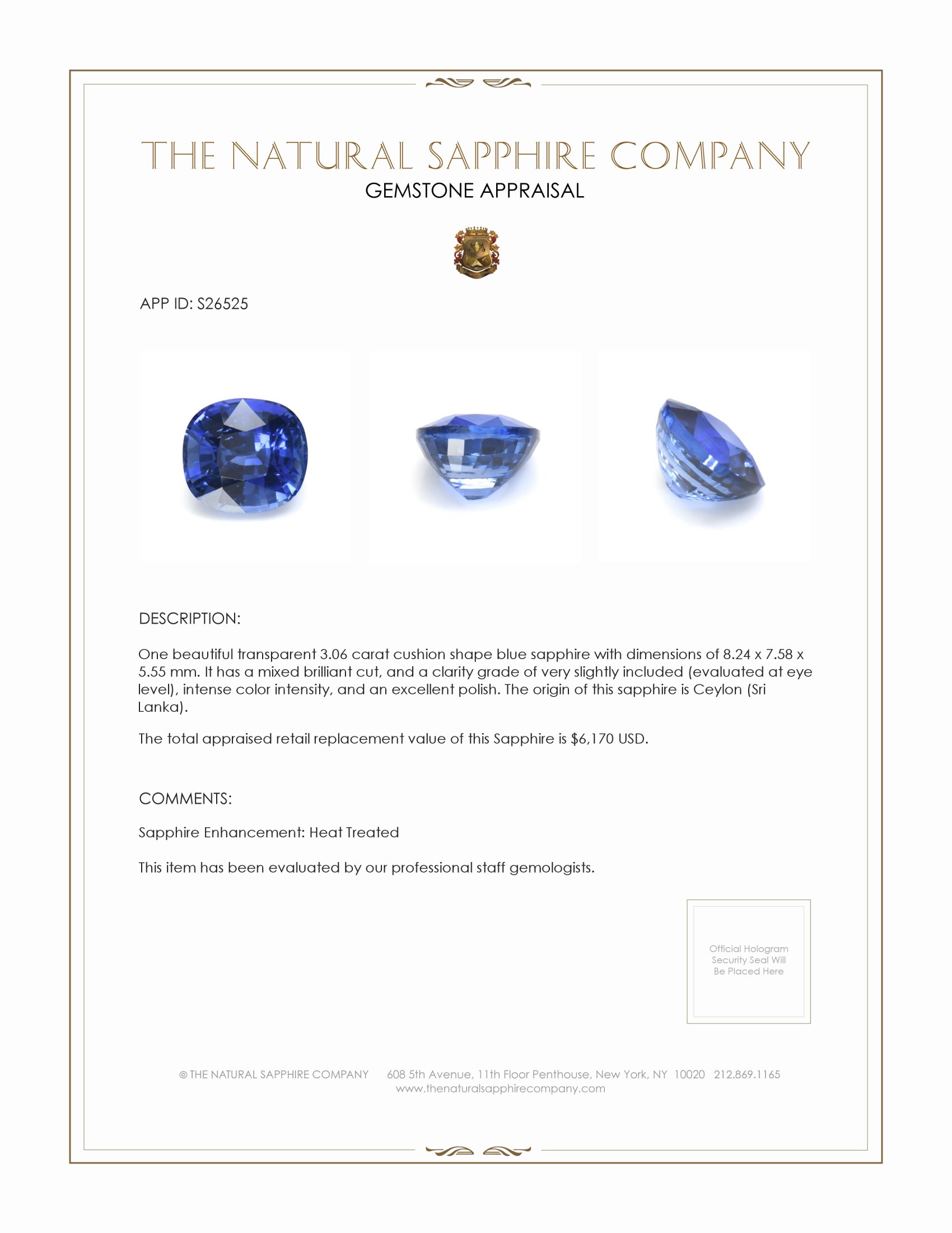 3.06 Ct. Blue Sapphire from Ceylon (Sri Lanka)