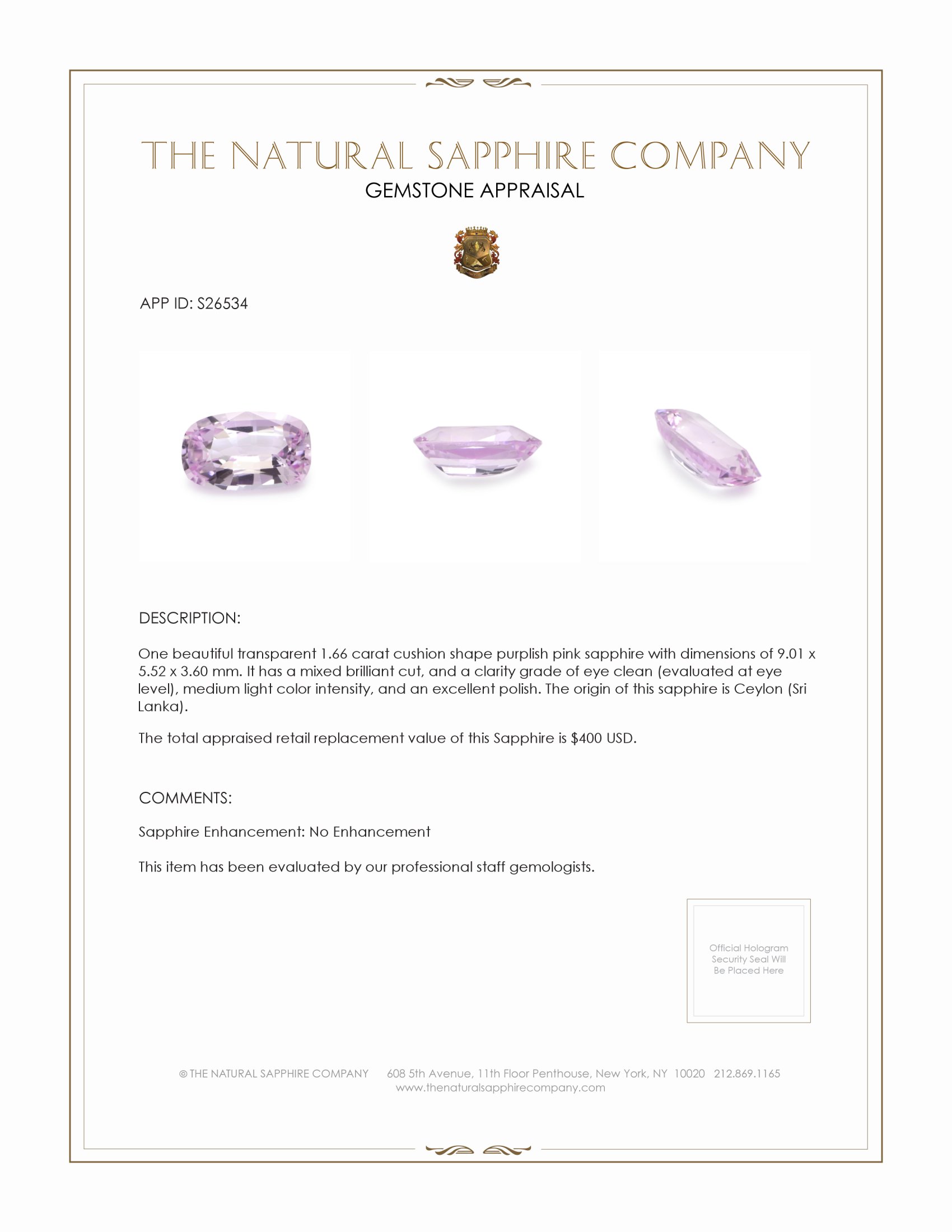 1.66 Ct. Purplish Pink Sapphire from Ceylon (Sri Lanka)